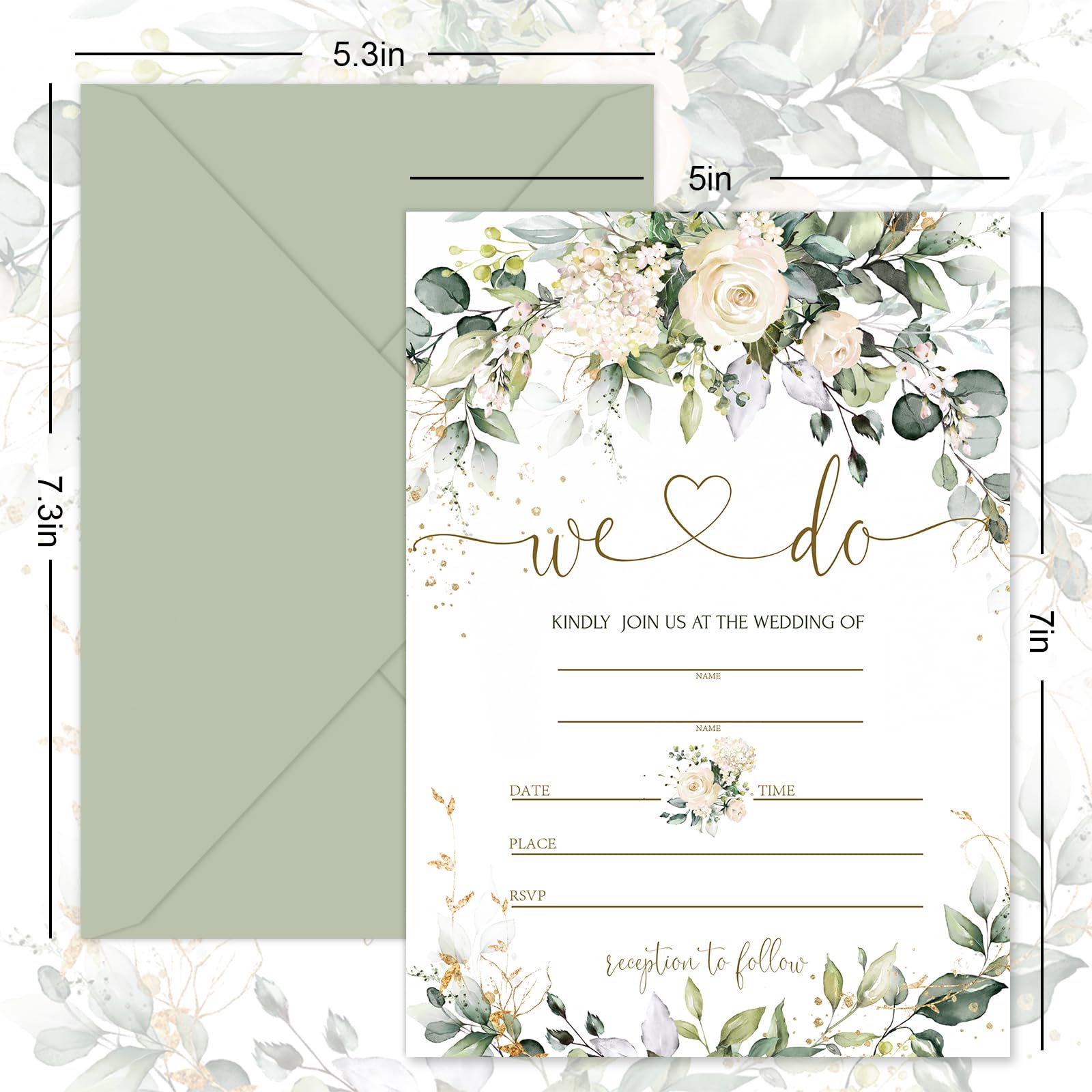 Whaline 25 Sets Greenery Floral Wedding Invitation with Envelopes Stickers Eucalyptus Leaves Blank Invites Cards for Bridal Shower, 5 x 7 Inch