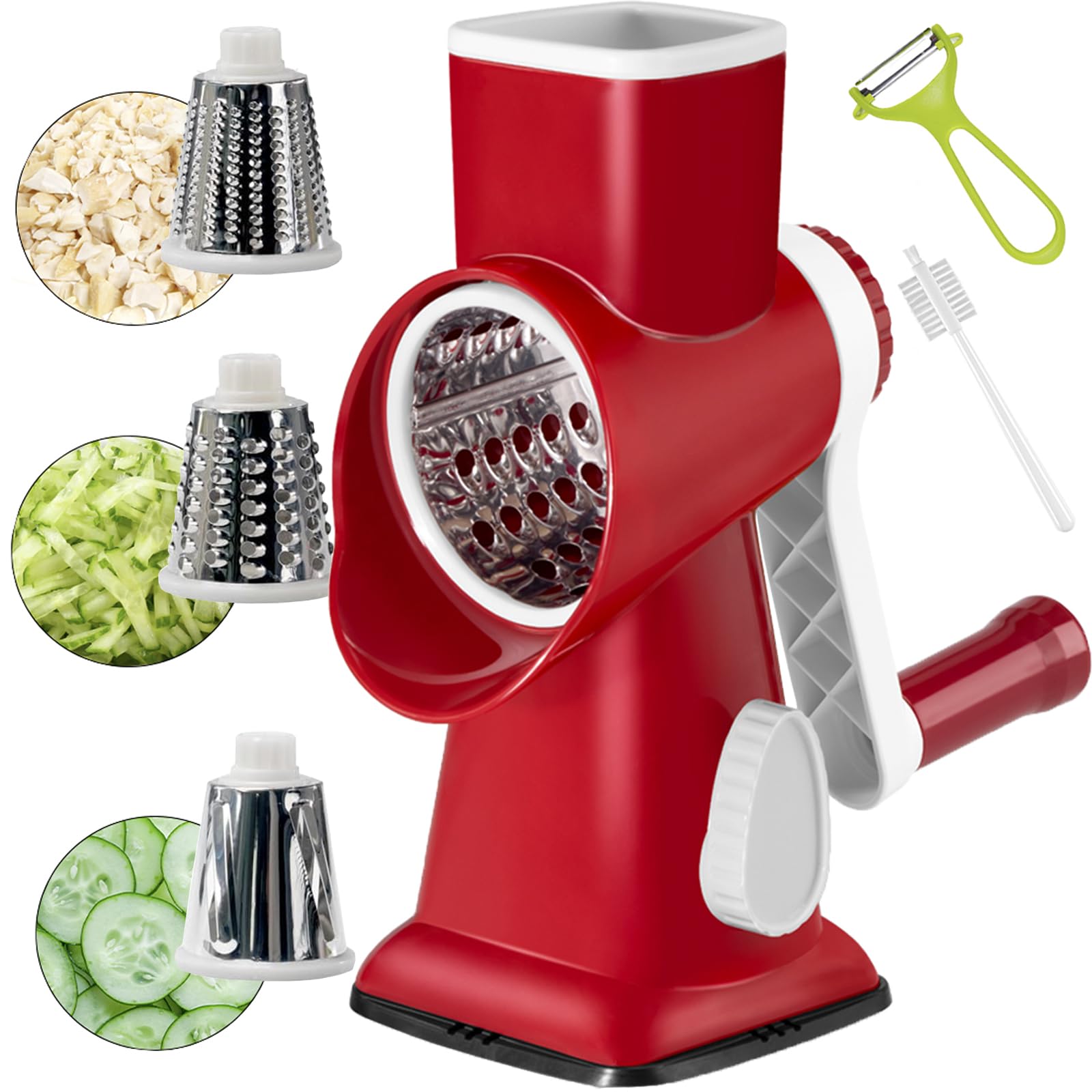 YOUCZON Rotary Cheese Grater Multi-Purpose Stainless Steel Cheese Shredder - Cheese Grater With Handle Effortless Grating of Carrots, Potatoes, Vegetables, and Fruits (Red)