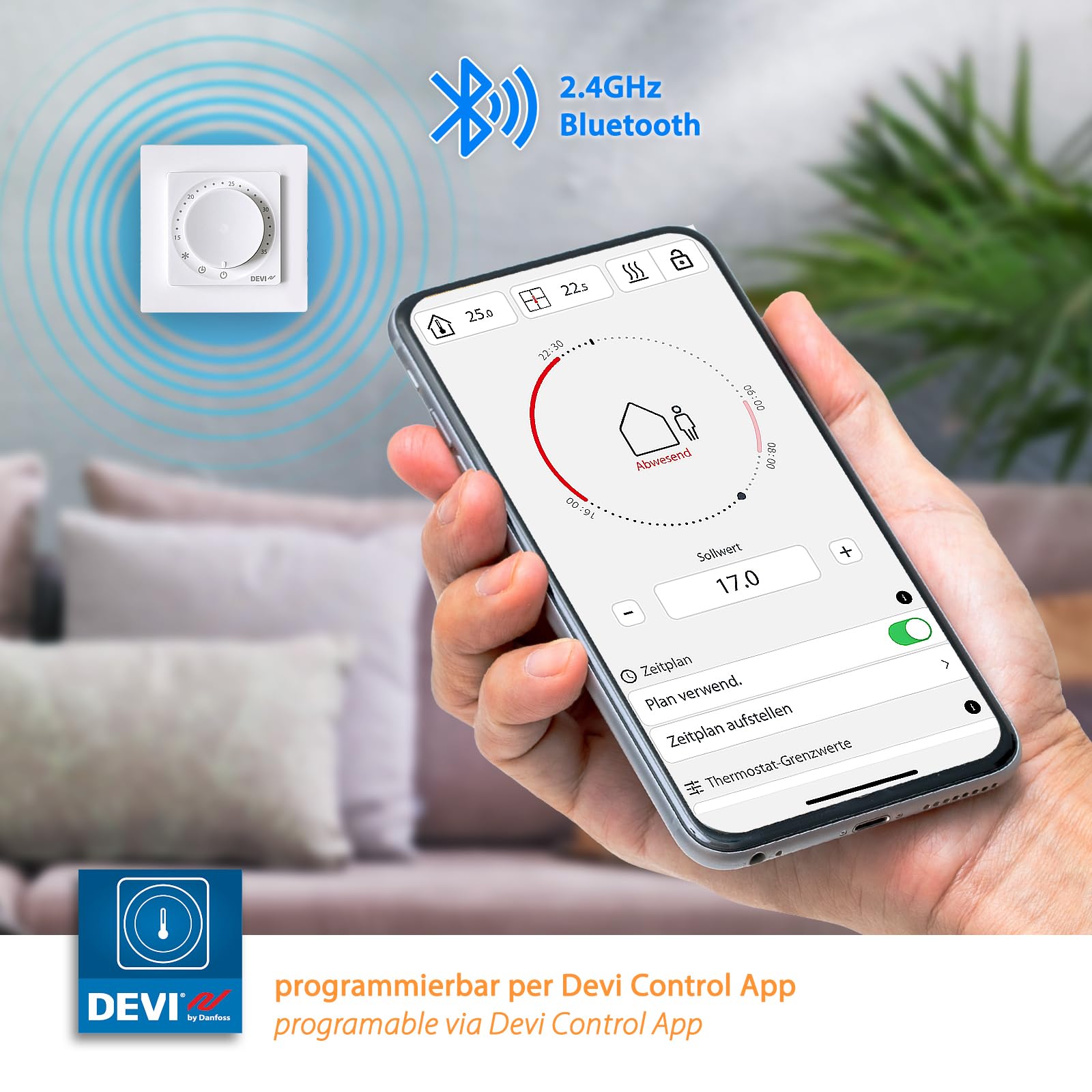 DEVIreg Room 140F1161 Bluetooth Thermostat Raumregler mit EXT. 15kOhm Sensor für elektrische Fußbodenheizung Adaptive PWM Steuerung mehrsprachige kostenlose App