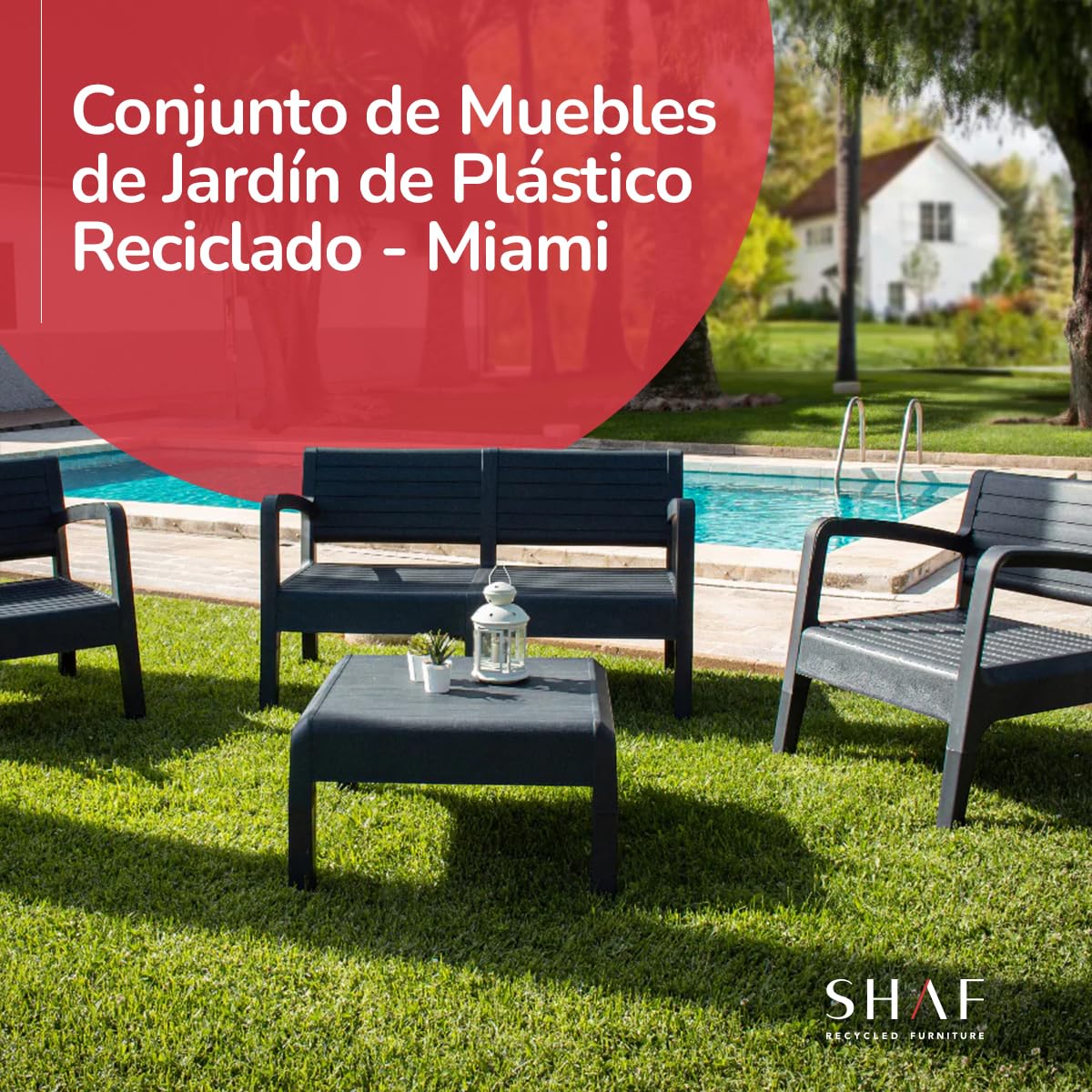 Shaf SP Berner - Set de Muebles de Jardín y Terraza Miami Color Grafito - Sofá 2 Plazas, 2 Sillones y Mesa de Centro - Fabricado en España con Plástico Reciclado