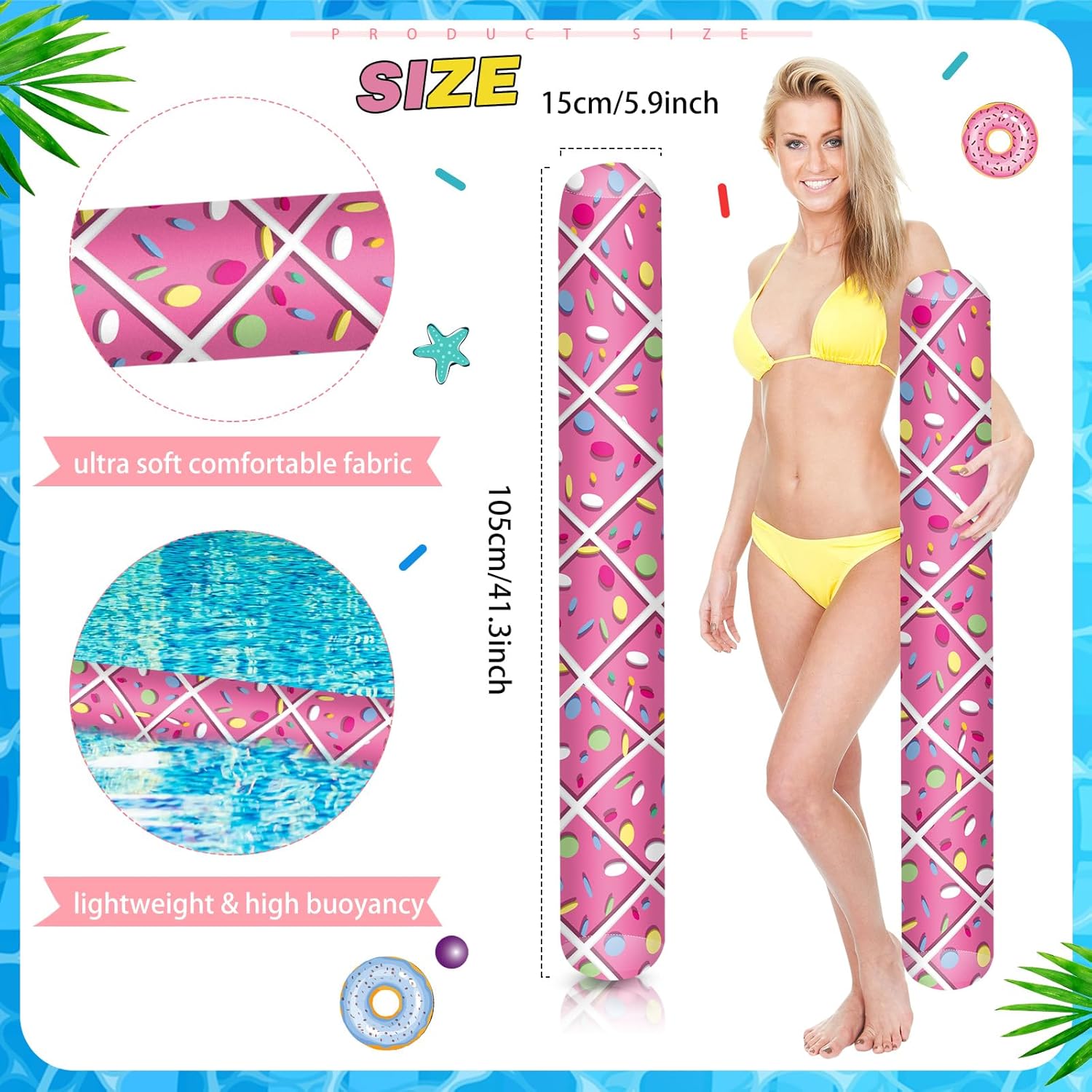 4 Pcs Inflatable Pool Noodles 41.3 Inch Hawaii Swim Pool Noodles Floats Inflatable Tropical Pool Noodles for Adult Water Game Pool Beach Hawaii Party Sports