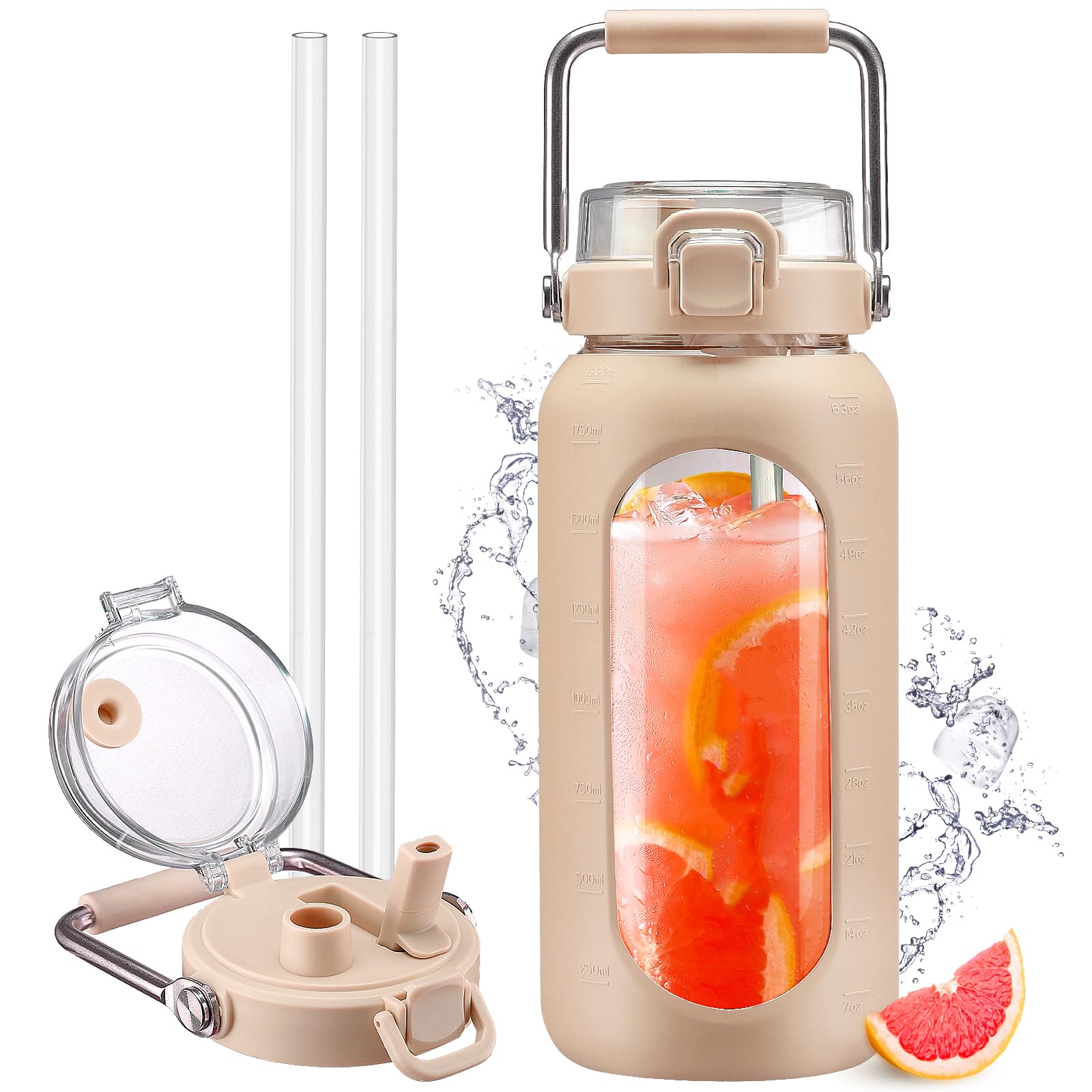 HYDRAGLAZIC 2L Bottiglia D'acqua in Vetro Con Cannuccia e Pennarello Motivazionale Bicchiere D'acqua Con Manicotto in Silicone e Coperchio Con Beccuccio largo Senza BPA Prova Diperdite, Colore