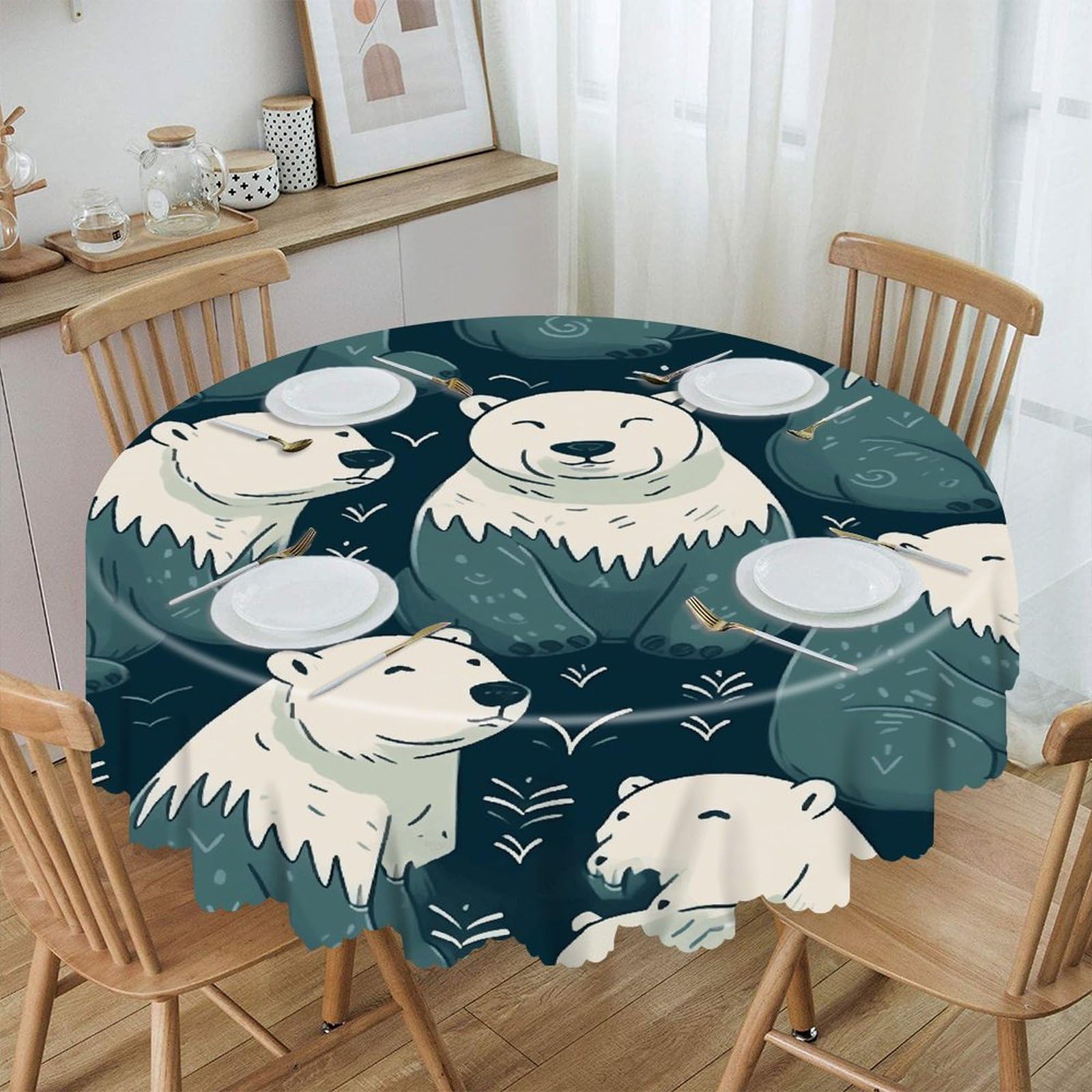 VstaDank Polar Bear Pattern Round Tablecloth Wipeable Round Polyester Tablecloth Waterproof Wrinkle Free Indoor and Outdoor Table Cover 60 Inch Decorative Farmhouse Table Cloth for Dining