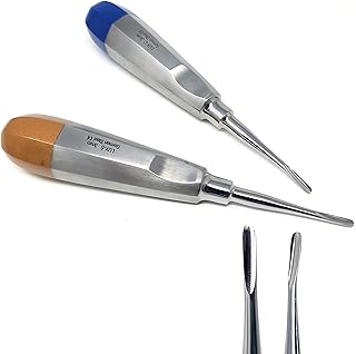 Set of 2 Dental Luxating Elevators Straight & Curved 3mm, Gold & Blue Hollow Handle, Stainless Steel Dental Extraction Surgical Instruments Oral Implant