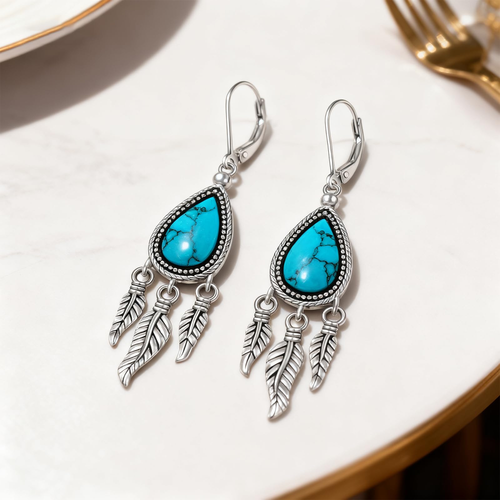 Orecchini a forma di piuma, da donna, in argento Sterling, con turchese autentico, pendenti, monachella, regalo per la festa della mamma, 1 inches x 0.35 inches, Argento sterling, Zirconie sintetico