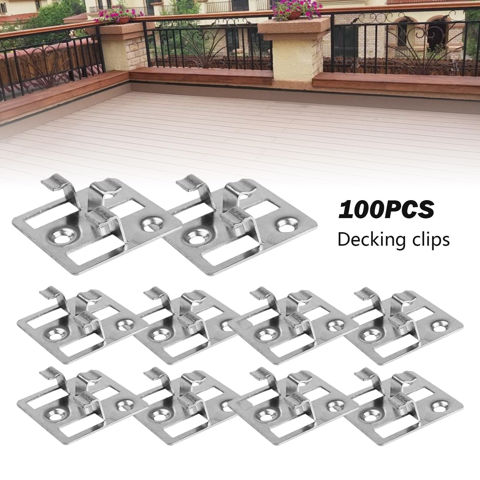 Lot de 100 clips WPC en acier inoxydable - Fixation invisible pour terrasse - Pour planches WPC, sol en bois de bambou (7-9 mm) - Pinces de fixation (argent, 5 mm x 8 mm (l x H)