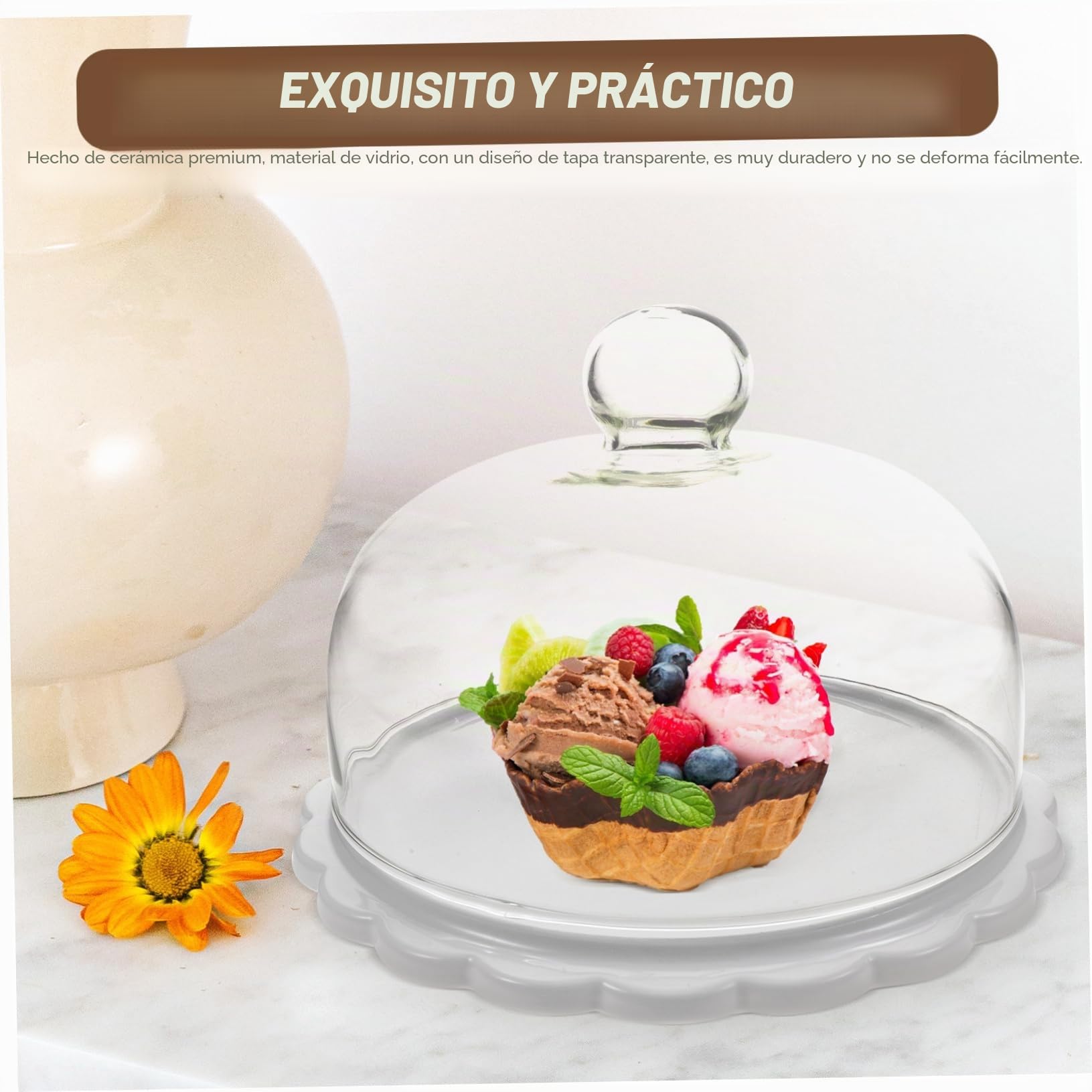CHILDWEET Soporte para Tartas Redonda de Cerámica con Tapa de Vidrio white para Bodas y Cumpleaños, Protege Alimentos con Diseño Elegante