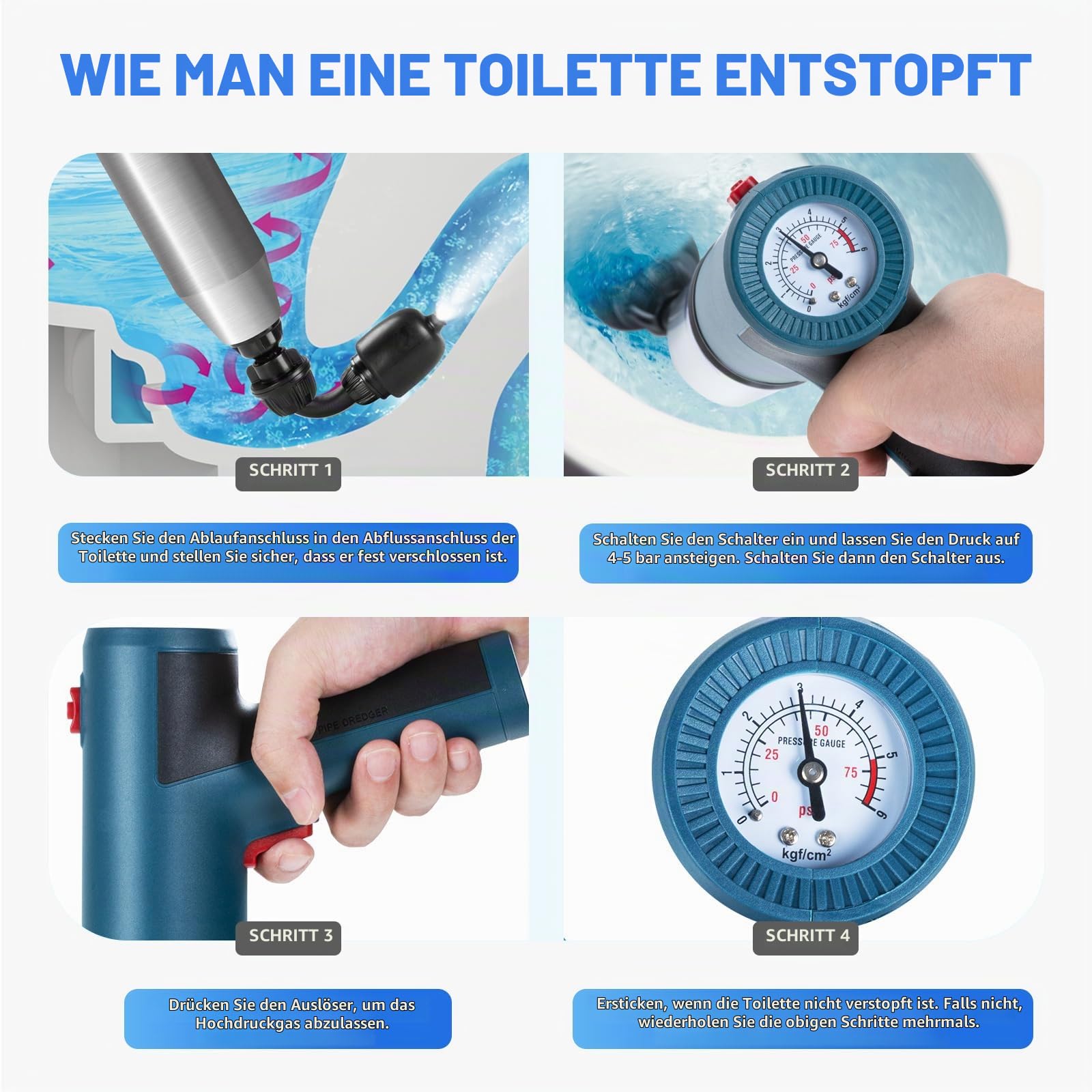Elektrischer Abflussreiniger Pömpel WC-Saugglocke, mit 360° drehbarem Kopf, Strapazierfähig Vielseitiger Toilette Pömpel mit 3 austauschbaren Köpfen für Toiletten/Badewannen/Waschbecken/Kanalisatio