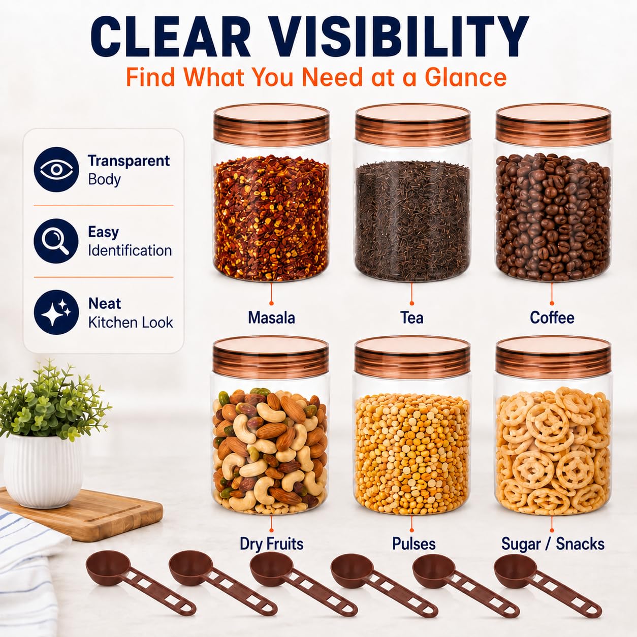 Homeor Lot de 6 bocaux de rangement en plastique avec cuillère, récipients hermétiques et sans BPA pour le rangement de la cuisine, les courses, les courses, les récipients de rangement pour