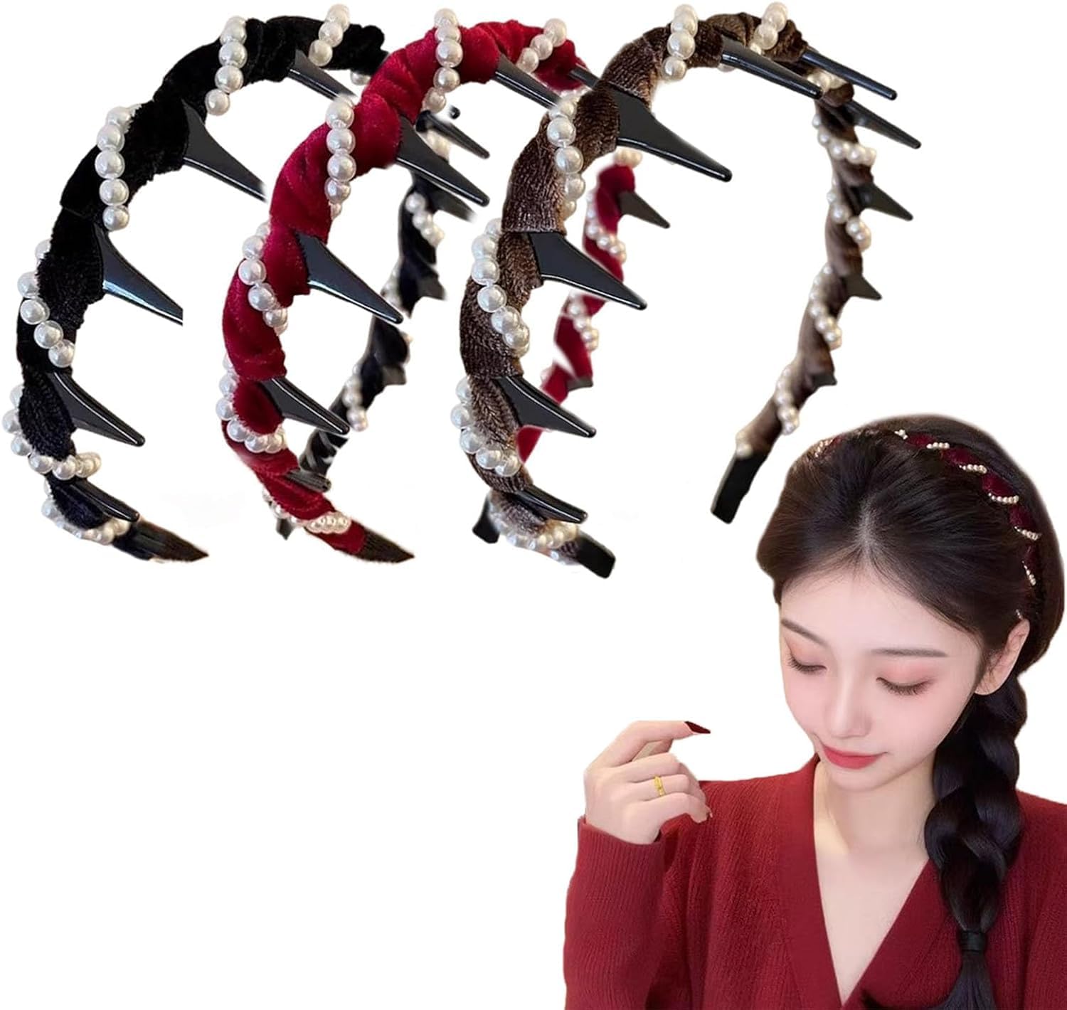 3-Pack Vintage High-Cranium Artificial Pearl Hairbands for Women,New Artificial Pearl Headbands with Teeth Hoop,Bridal & Party/Wedding Rhinestone Hair Accessories,Suitable for Women & Girls - Image 2