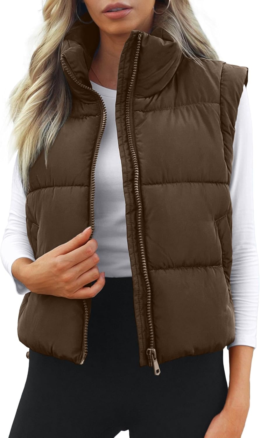 Polu Cropped Puffer Vest Women Sleeveless Stand Collar Padded Gilet Winter Lightweight Puffy Vest