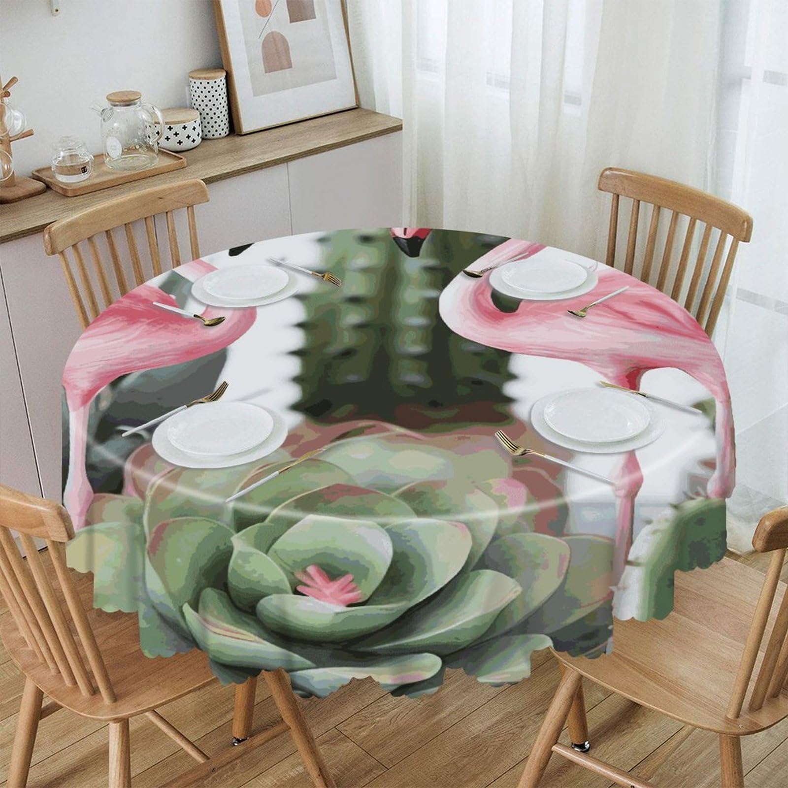 FekiLoot 60 Inch Round Pink Flamingo Succulent Plants Tablecloth Waterproof Heavy Duty Polyester Table Cloth Spill-Proof Wipeable Table Cover Decorative Circle Dining Tablecover for Party Outdoor