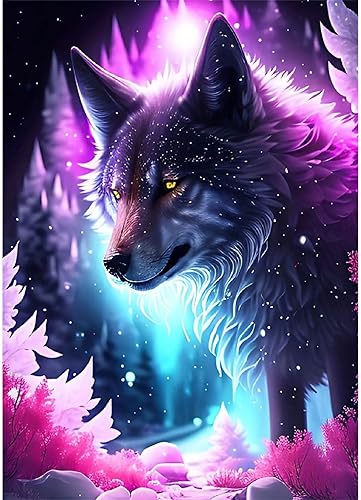 EOBROMD Kit de pintura de diamante de lobo morado para adultos, kits de pintura de diamante 5D para principiantes, pintura de bricolaje con puntos