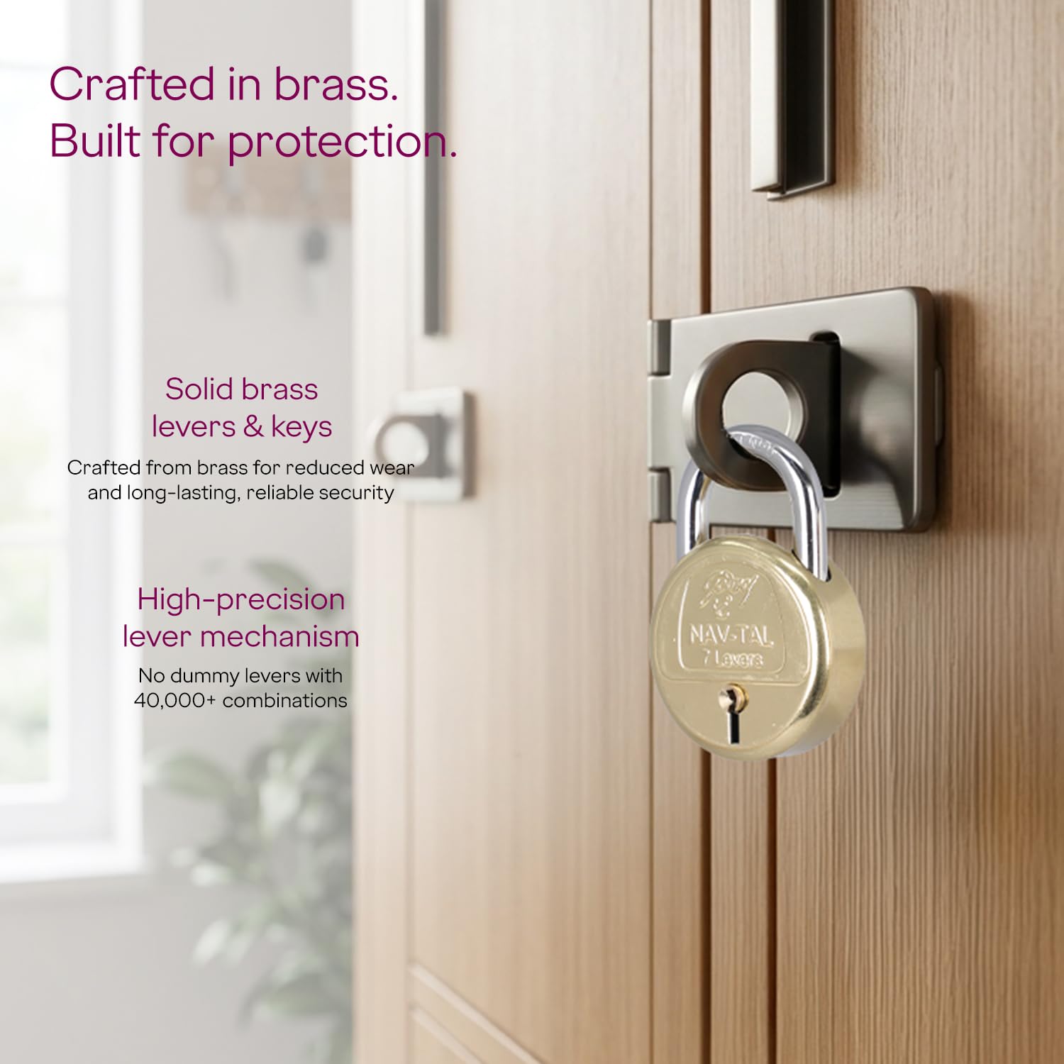Godrej Locks I Navtal 7 levers 65 mm I 4 Keys I Padlock for Main Door I Gate Lock I Tool Box, Shutters, Shops & Offices I Strong Hardended Corrosion Resistant Shackle I Brass Material & Brass Finish 2