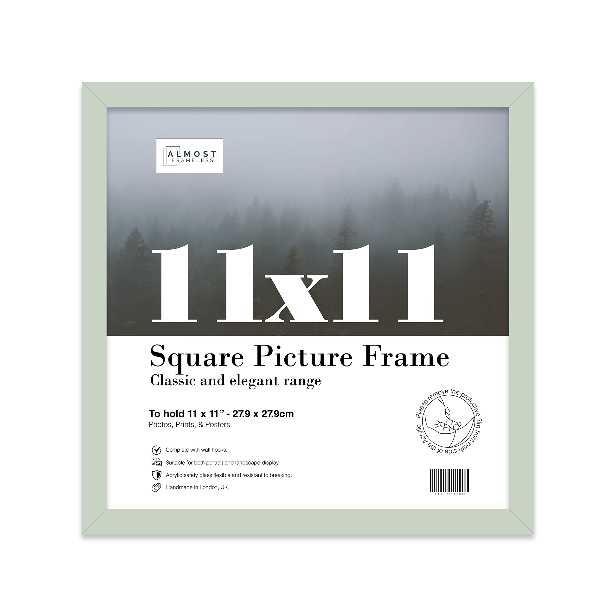 Almost Frameless 11x11 Mint Green Picture Frame 11"x11"(27.9x27.9cm) Poster, Photo, Artwork, or Print. Thin Edge Slim Frame Portrait and Landscape Display with Wall Hooks