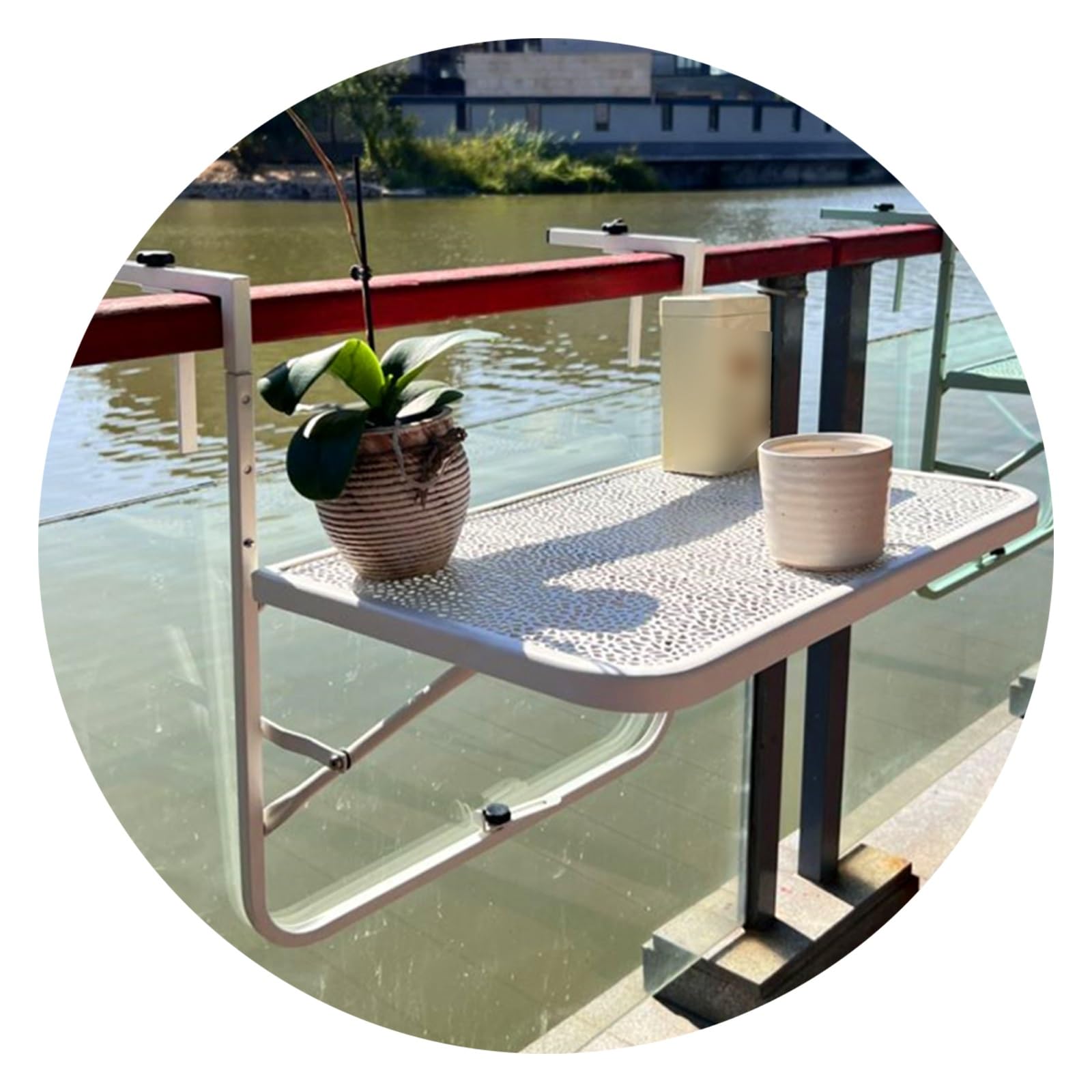 Tavolo Sospeso for Balcone,Tavolino Pieghevole da Balcone,Tavolo da Appendere a Sospensione di Ferro, Tavolo da Ringhiera Altezza Regolabile a 3 Livelli, Ferro, Nero(White)