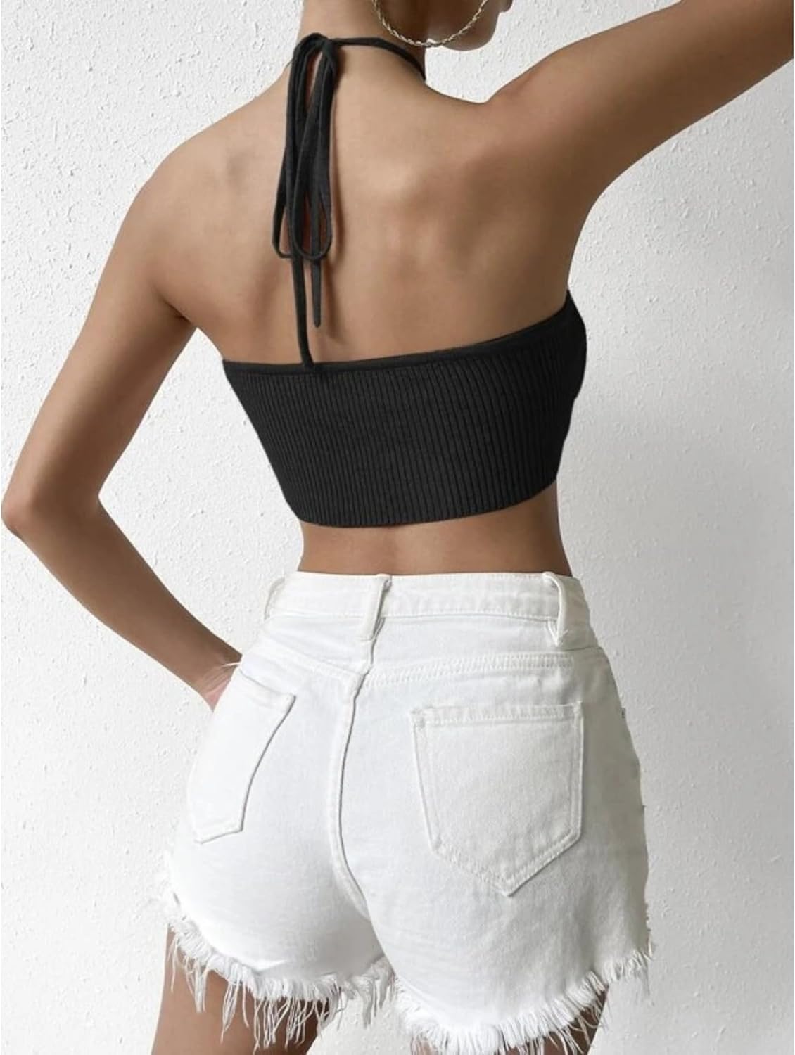 Knit Halter Tank Ribbed Crop Sleeveless Top Backless Stretch Fit Lightweight Summer Streetwear - Image 5