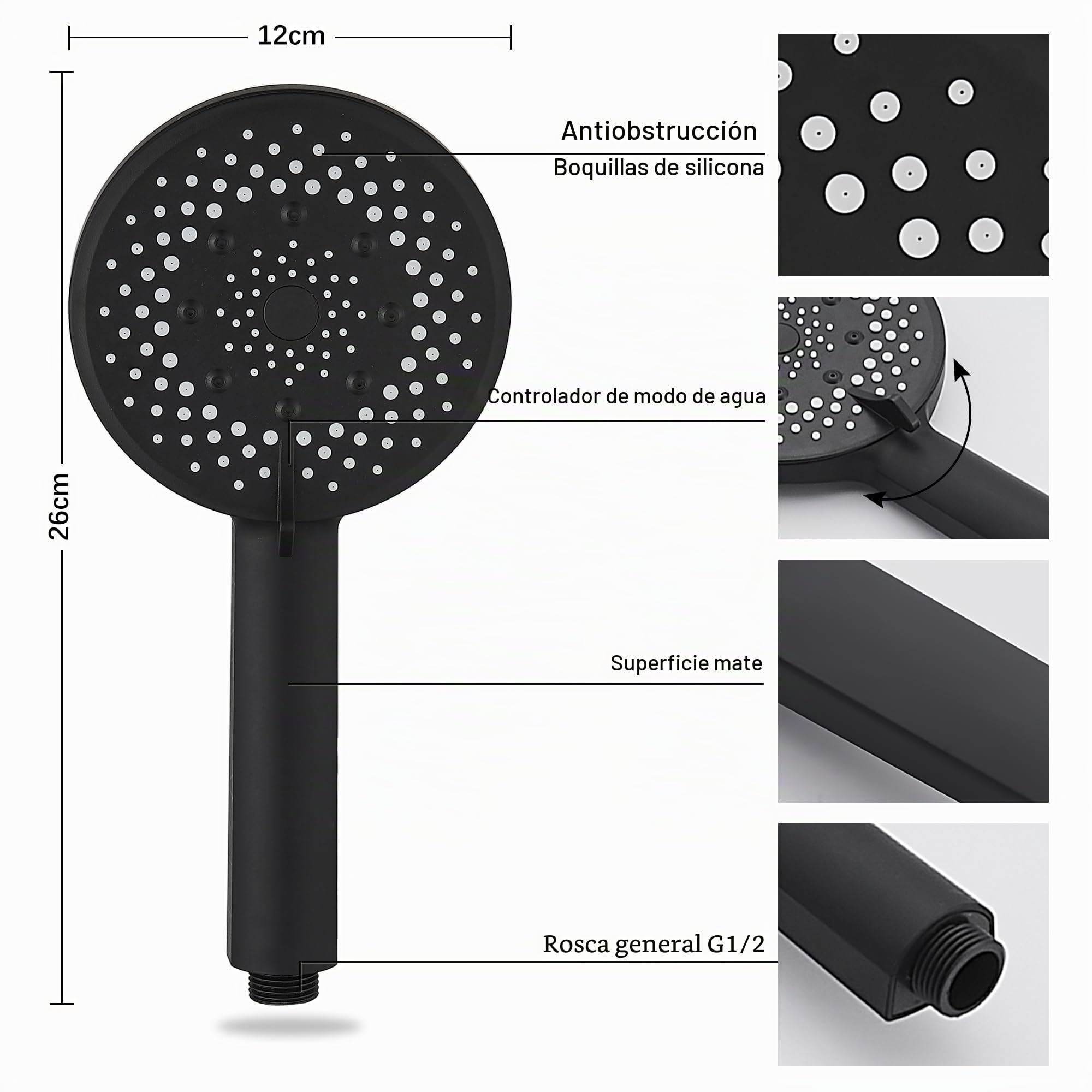 Grifo Bañera y Ducha Monomando con Alcachofa, Manguera y Soporte - Grifo de Bañera con Caño, 150cm Cable Ducha PVC, Cabezal Ducha con 5 Funciones - Negro Mate