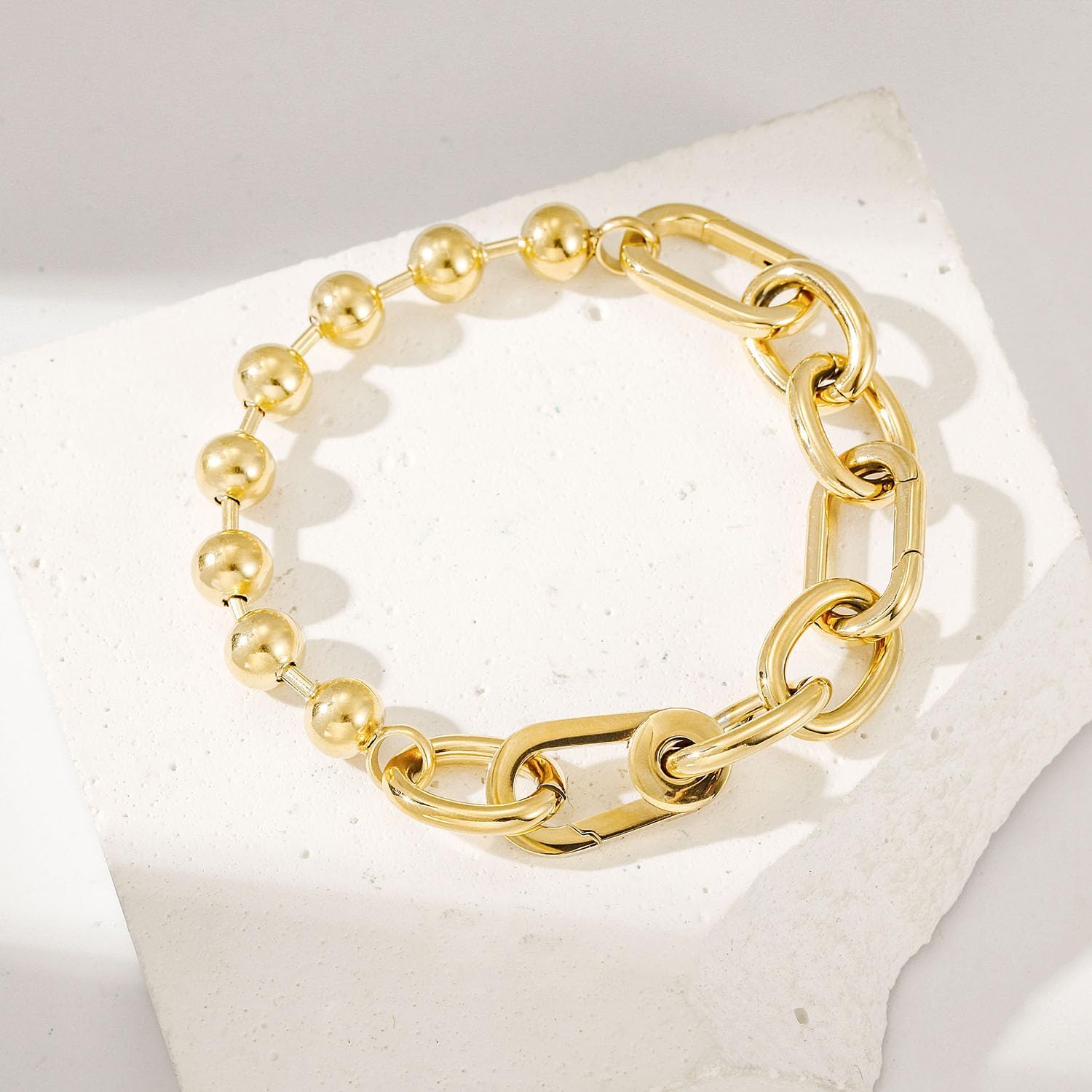 CIUNOFOR 14K Gold Plated Beaded Link Chain Bracelets for Women, Dainty Silver Stackable Bracelet, Trendy Charm Jewelry Gift for Her, Comfort fit for 6.5”–7.0” wrists