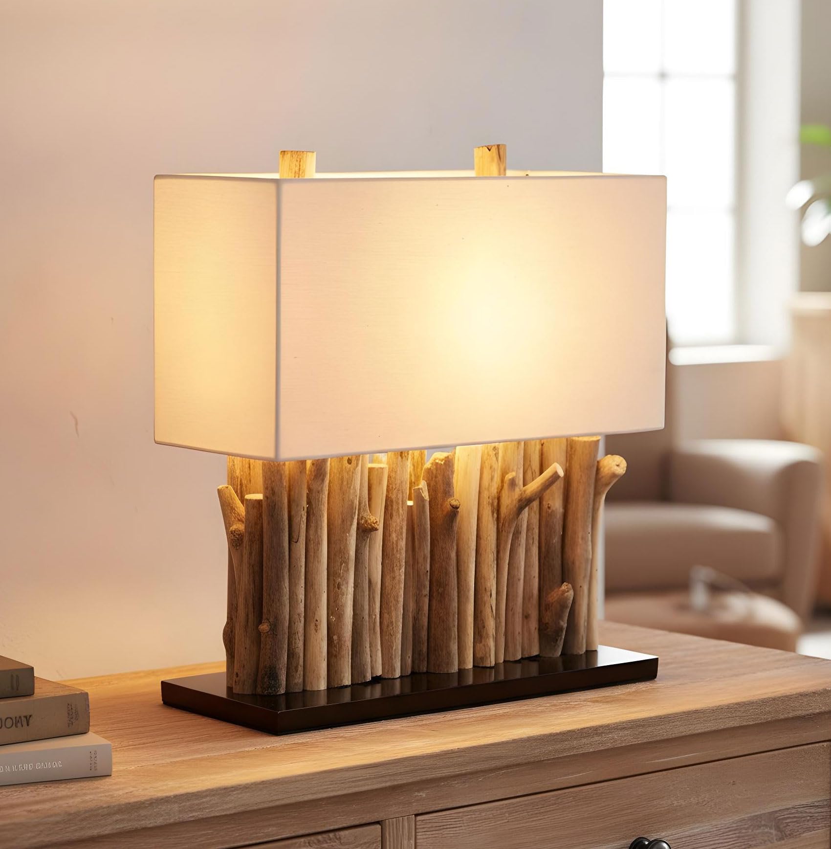 levandeo Lampe Holz 16x35cm 40cm hoch Tischlampe Tischleuchte aus recyceltem Treibholz Holzlampe Unikat Handarbeit