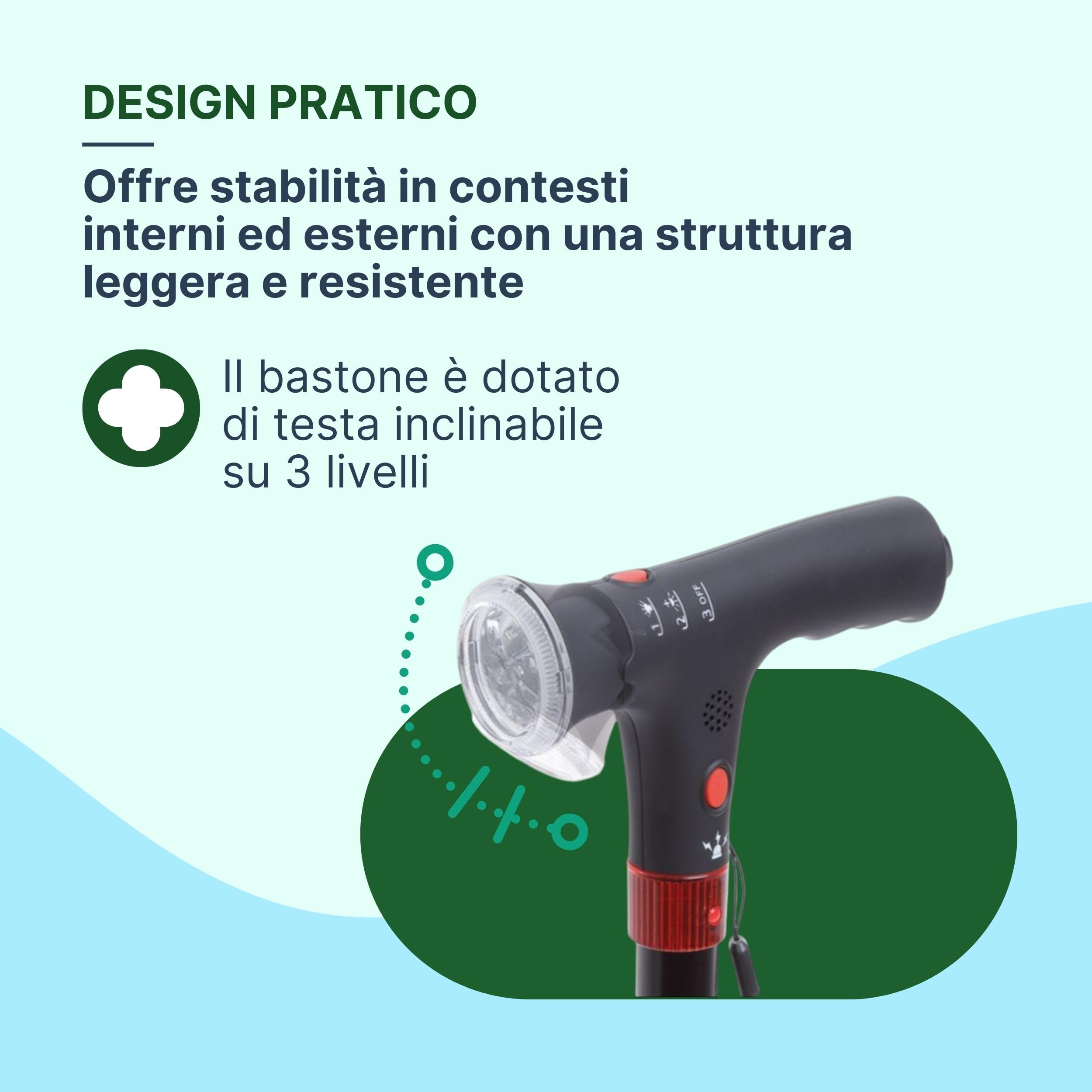 Bastone per Anziani in Alluminio con Luce Led e Allarme Acustico, Bastone da Passeggio con Impugnatura Ergonomica, Regolabile H. 74-96cm