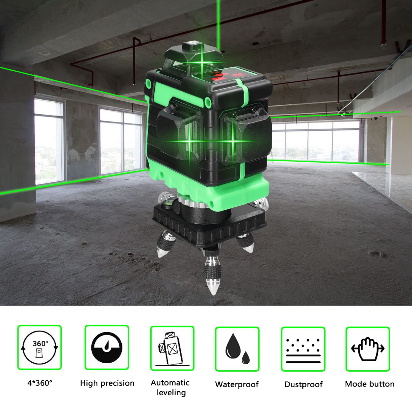 Nivel Láser Autonivelante 360 Grados 25m 3D 12 Lineas Líneas Láser Cruzada+2 * 1200mAh Batería de Litio Recargable+Base Giratoria+Soporte de Pared+Bolsa de Transporte para Diseño de Baldosas