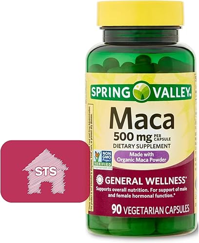 Spring Valley - Cápsulas de raíz de maca de 500 mg, raíz de maca orgánica para mujeres y hombres + adhesivo STS.
