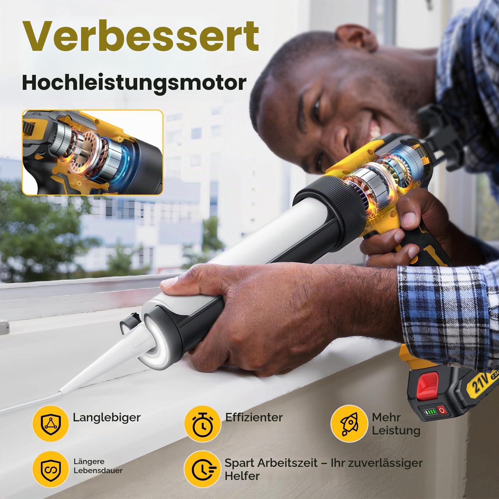GISAM Akku-Kartuschenpistole Kompatibel mit Makita 18V Akku, 6 Geschwindigkeiten, Max 1100Lb,2Ah & LED-Licht, Akku Silikonpistole Mit 27 Spezialzubehörteile FüR 150-310 ml-Kartuschen