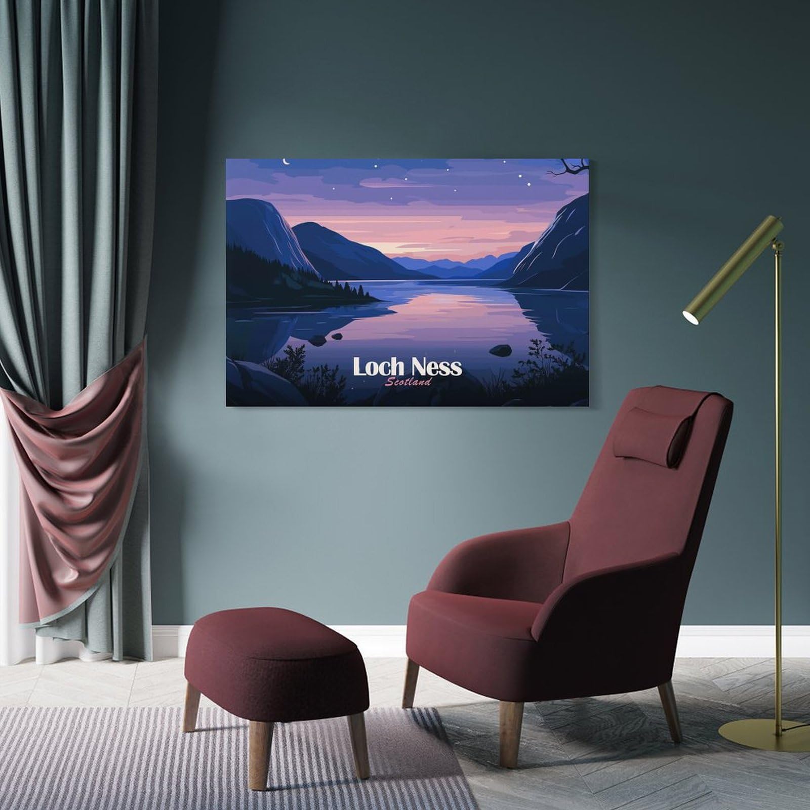 Junmoney Wall Decor Canvas Print Loch Ness, Scotland Landscape Illustration, 20x30inch(50x75cm), for Sofa Walls, Lounge Or Home Corners, Modern Wall Decor for Cosy Interiors