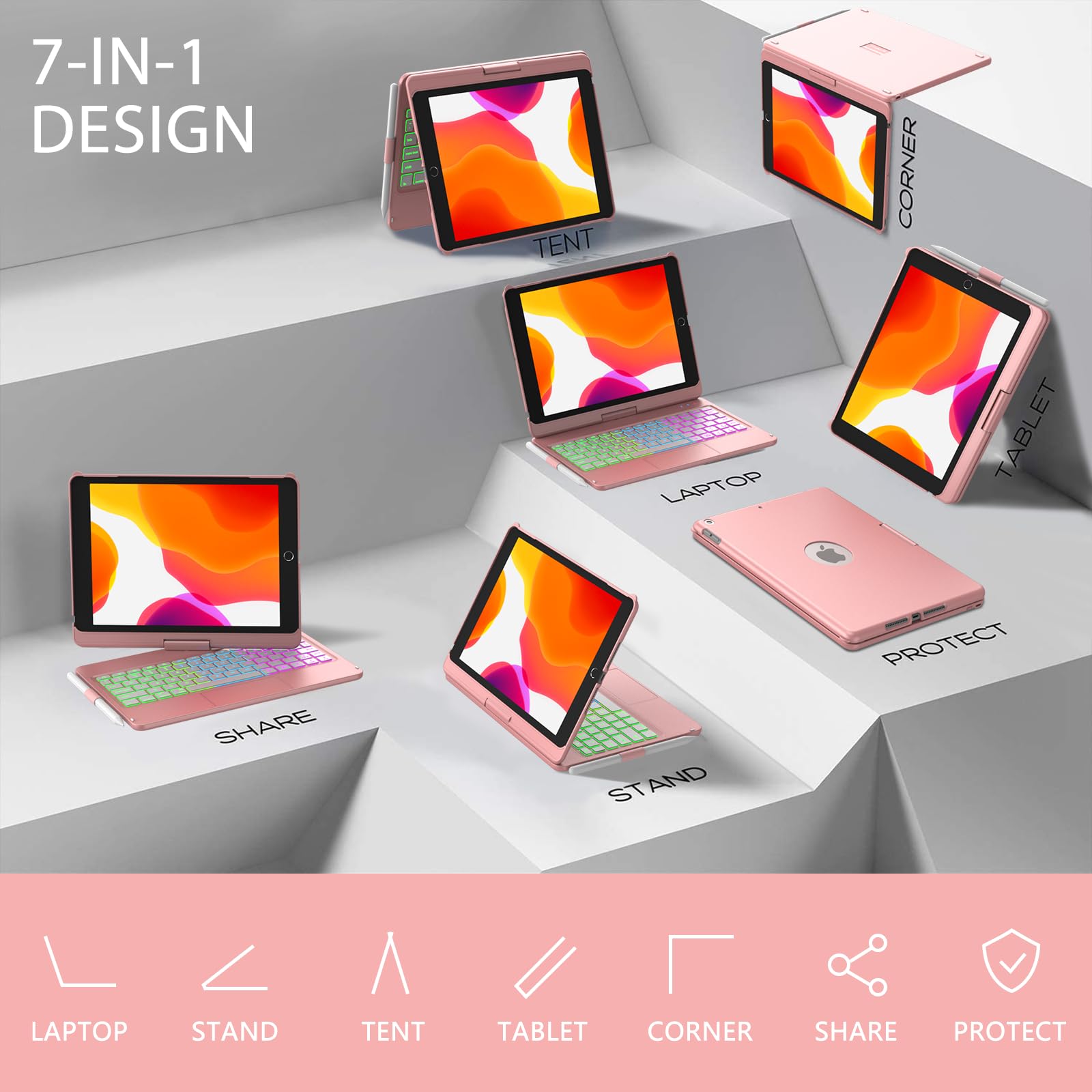 SZO Tastiera per iPad 9 Generazione 10.2 Custodia, Coverper iPad 9a/8a/7a Generazione, 360°Touchpad Flip Cover Rigida Custodia, Tastiera Bluetooth Wireless 7 Retroilluminazione, Auto Sleep/Wake, Rose