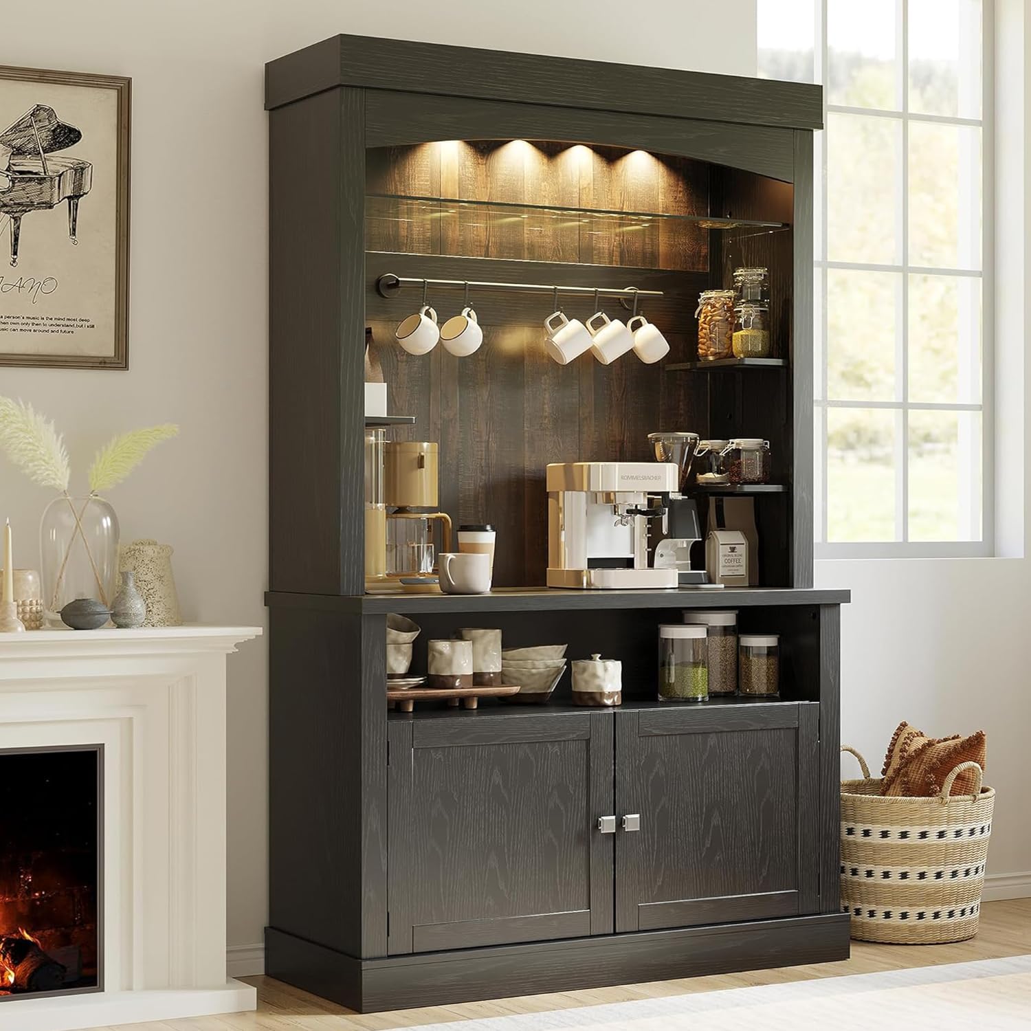 garveehome coffee bar cabinet with led lights 72 in tall buffet cabinet with storage farmhouse kitchen sideboard tall coffee hutch with microwave stand/wine rack/glass shelf dining room (black oak)