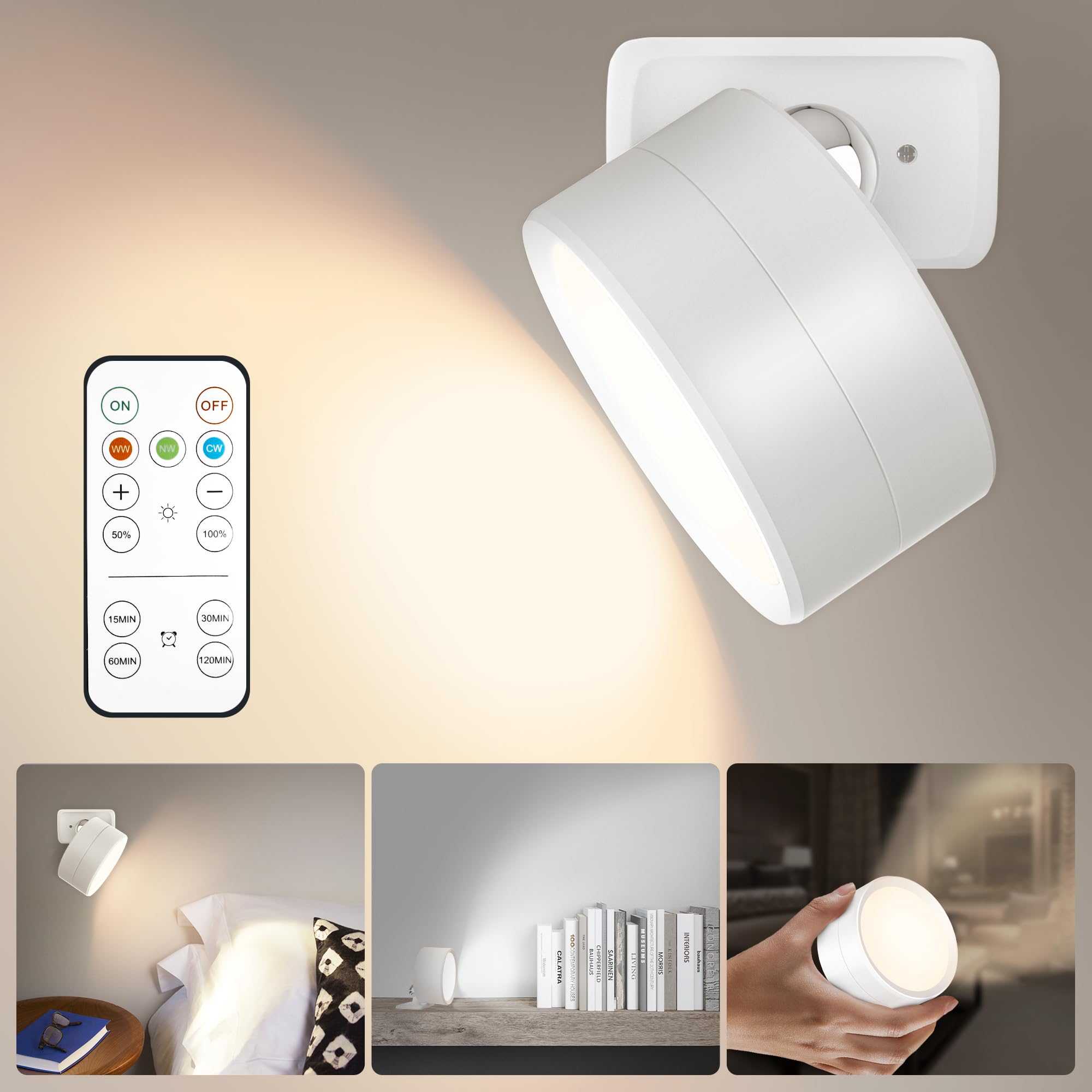 mengcacaLED Wall Sconces, Wall Mounted Reading Lights White with 3 Color Temps & 3 Brightness Rechargeable Battery Magnetic Wall Light Touch and Remote Control, Lamps for Kids Study Bedside