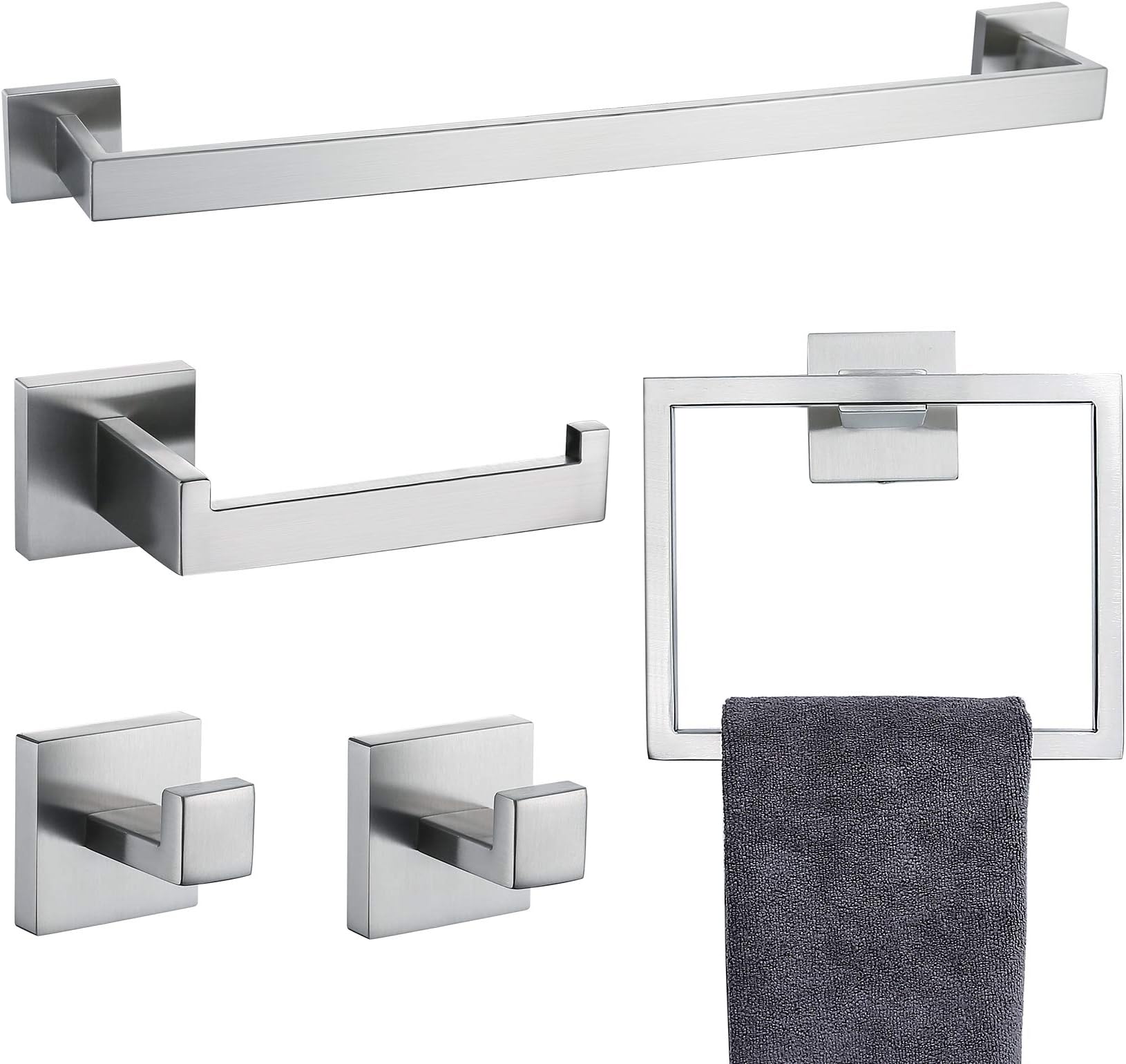 Bathroom Towel Bar Set 5 Pieces Brushed Nickel Square Modern Bathroom Hardware Set,Stainless Steel Wall Mounted 23.6-Inch