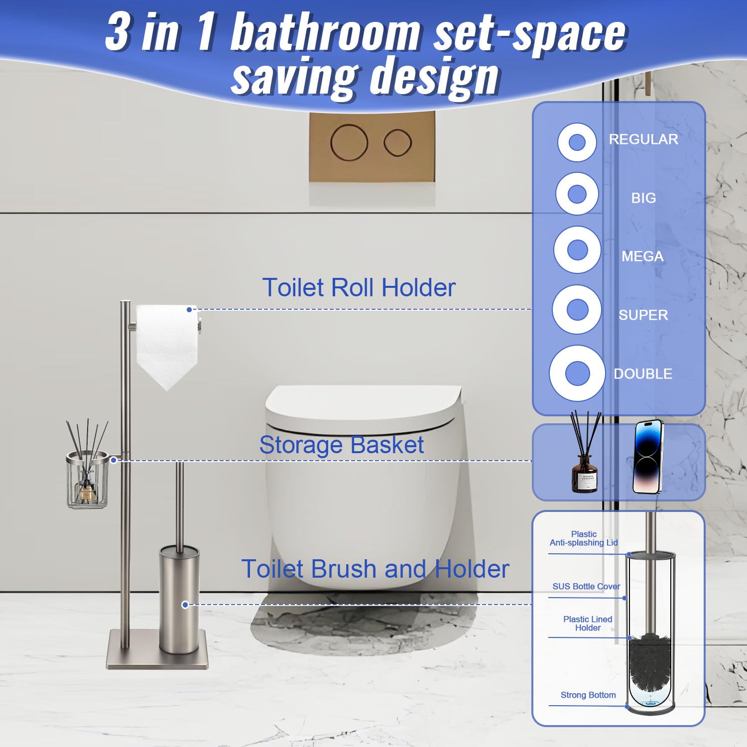 BGL Multifunctionele toiletpapierhouder van roestvrij staal met zware voet, vrijstaand, toiletborstelhouder en 360° draaibare hoekmand, geborsteld roestvrij staal