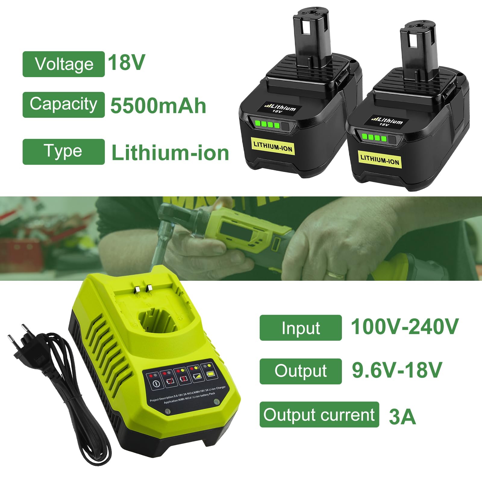 Ricambio Batteria per Ryobi 18V 5.5Ah e BCL14181H 9.6V-18V Caricatore RB18L50 RB18L40 RB18L30 RB18L25 RB18L20 RB18L15 P108 P18900 P1900 P191 P192 ecc