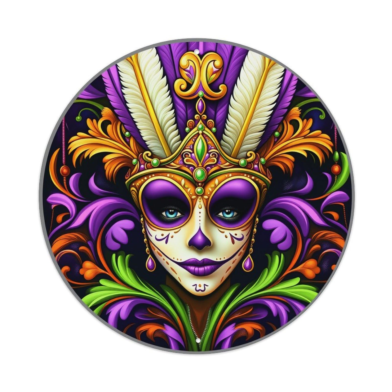 Colorful Mask Feathers Ornate Design Pattern Round Tin Sign Vintage Metal Poster, Home Bar Garage Man Cave Cafe Indoor & Outdoor Wall Decoration 8x8Inches