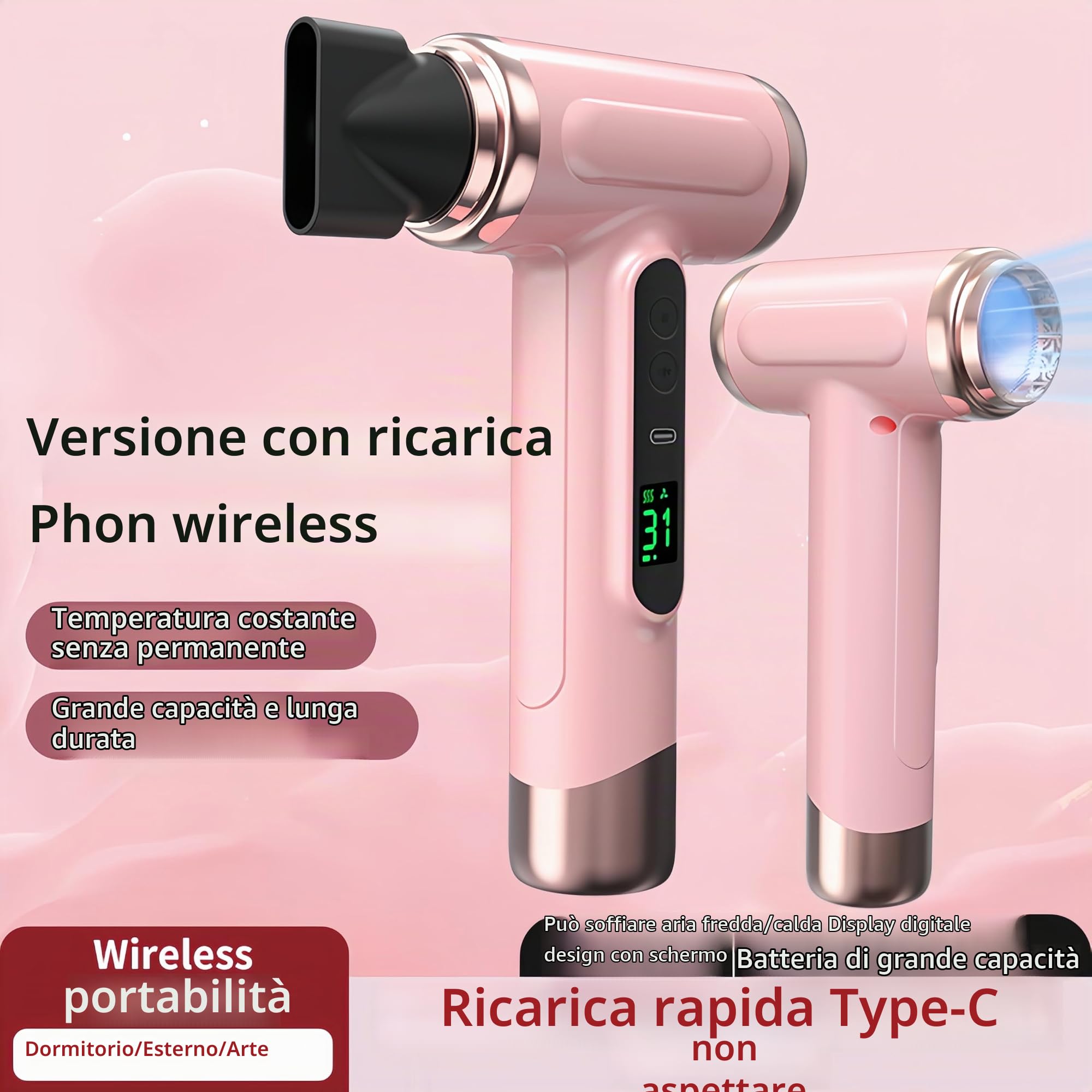Pro Asciugacapelli da Viaggio Ricaricabile - 3 Velocità e 3 Temperature Asciugacapelli Cordless, 15000mAh Asciugacapelli Portatile con Schermo Digitale per Donne in Campeggio,