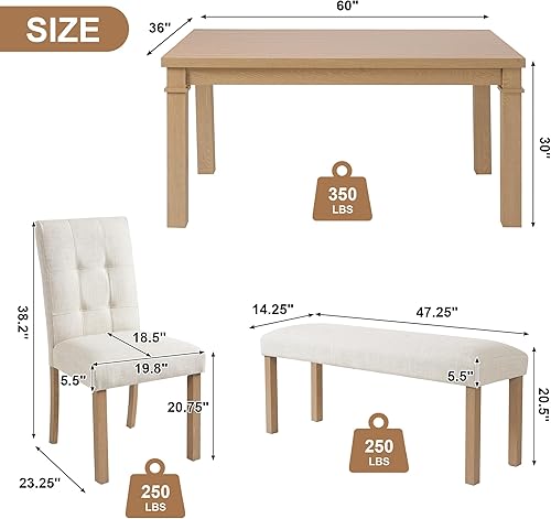 Miniatura 4 de P PURLOVE Juego de mesa de comedor de 6 piezas, mesa de cocina rectangular de madera con 4 sillas tapizadas, 1 banco para comedor y sala de estar