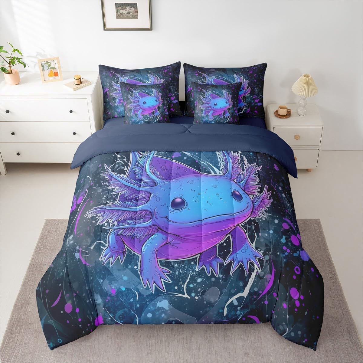 Erosebridal Axolotl Bedding Set Queen Cute Axolotl Comforter Set 7 Piece Sealife Salamander Bed in A Bag for Kids Adults Ocean Reptile Animal Quilt with Flat Fitted Sheet