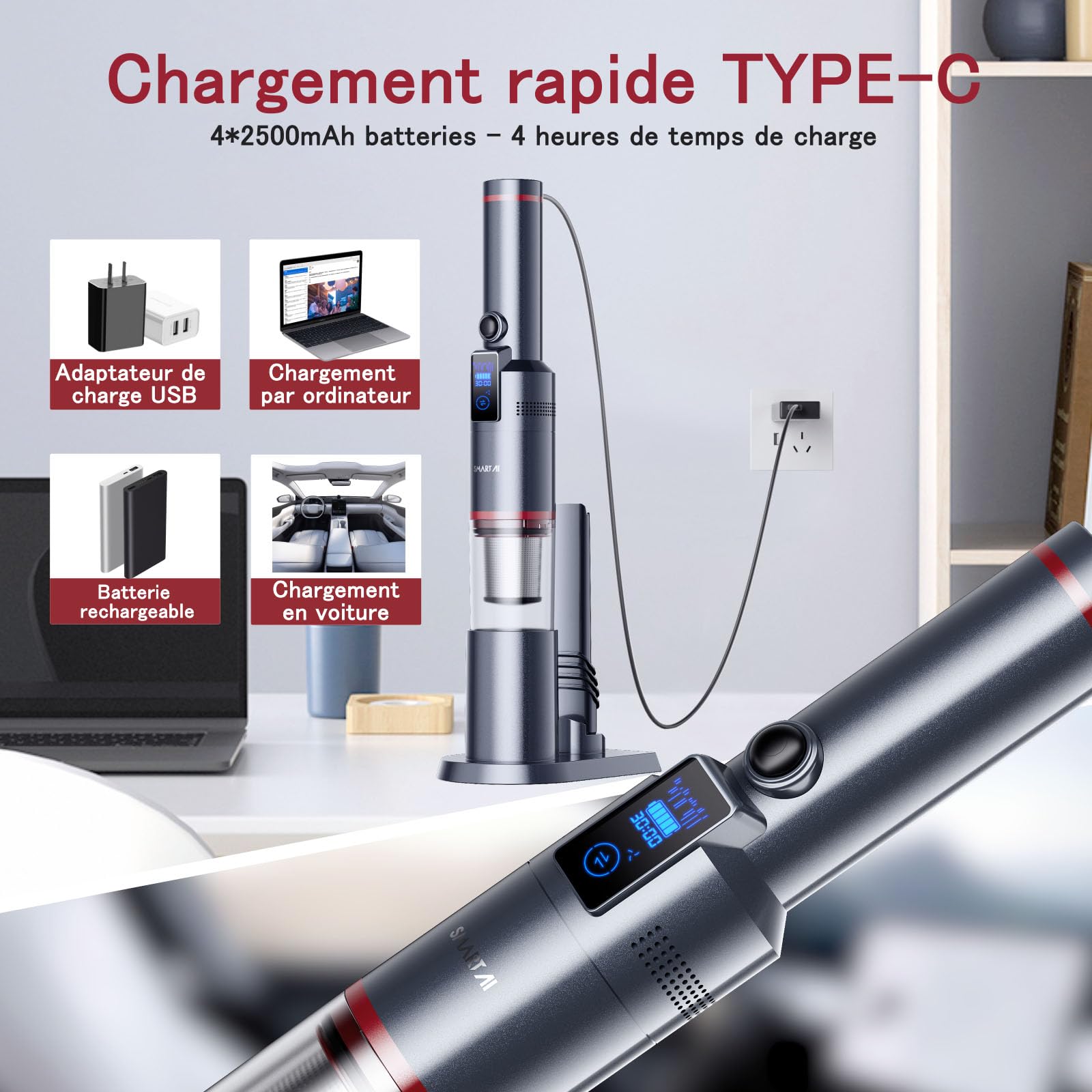 Aspirateur à Main 17000Pa LED sans Fil Autonomie de 30 Minutes Sac Aspirateur léger sans Fil pour Voiture, Maison, Camping-Car, Poils d'animaux avec Support de Charge, Charge de Type C