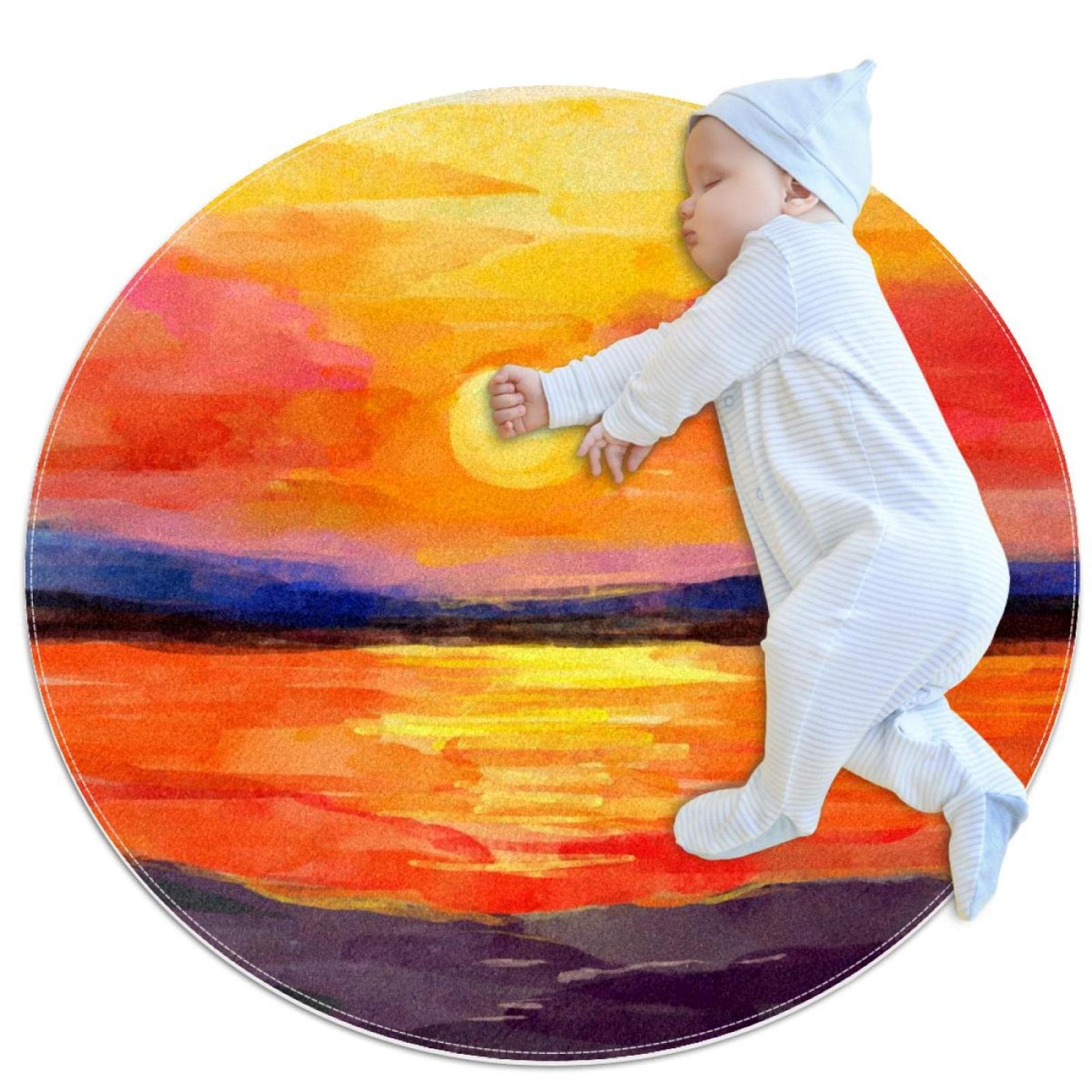 Tapis de salle de bain antidérapant rond 1m motif coucher de soleil peinture huile pour chambre