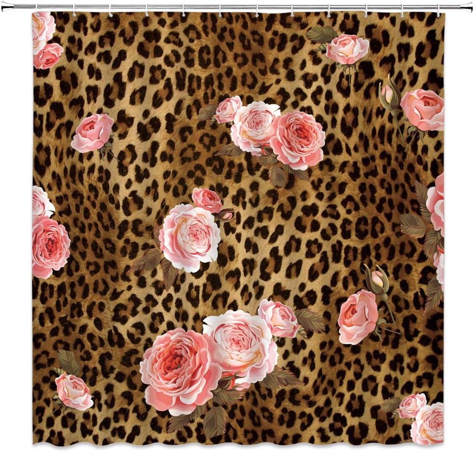 Leopard Flower Shower Curtain Cute Pink Rose Floral Mix Wild Animal Leopard Pattern Background Creative Brown Modern Art Home Bathroom Decor Quick Dry Fabric Curtain with Hooks