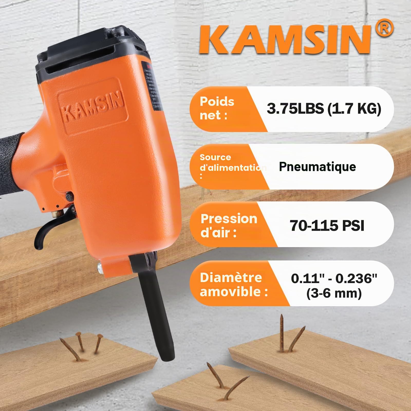 KAMSIN KT50 Pistolet pneumatique d'arrachage de clous à usage intensif avec gâchette de sécurité, cloueur à air comprimé, pistolet d'arrachage de clous.
