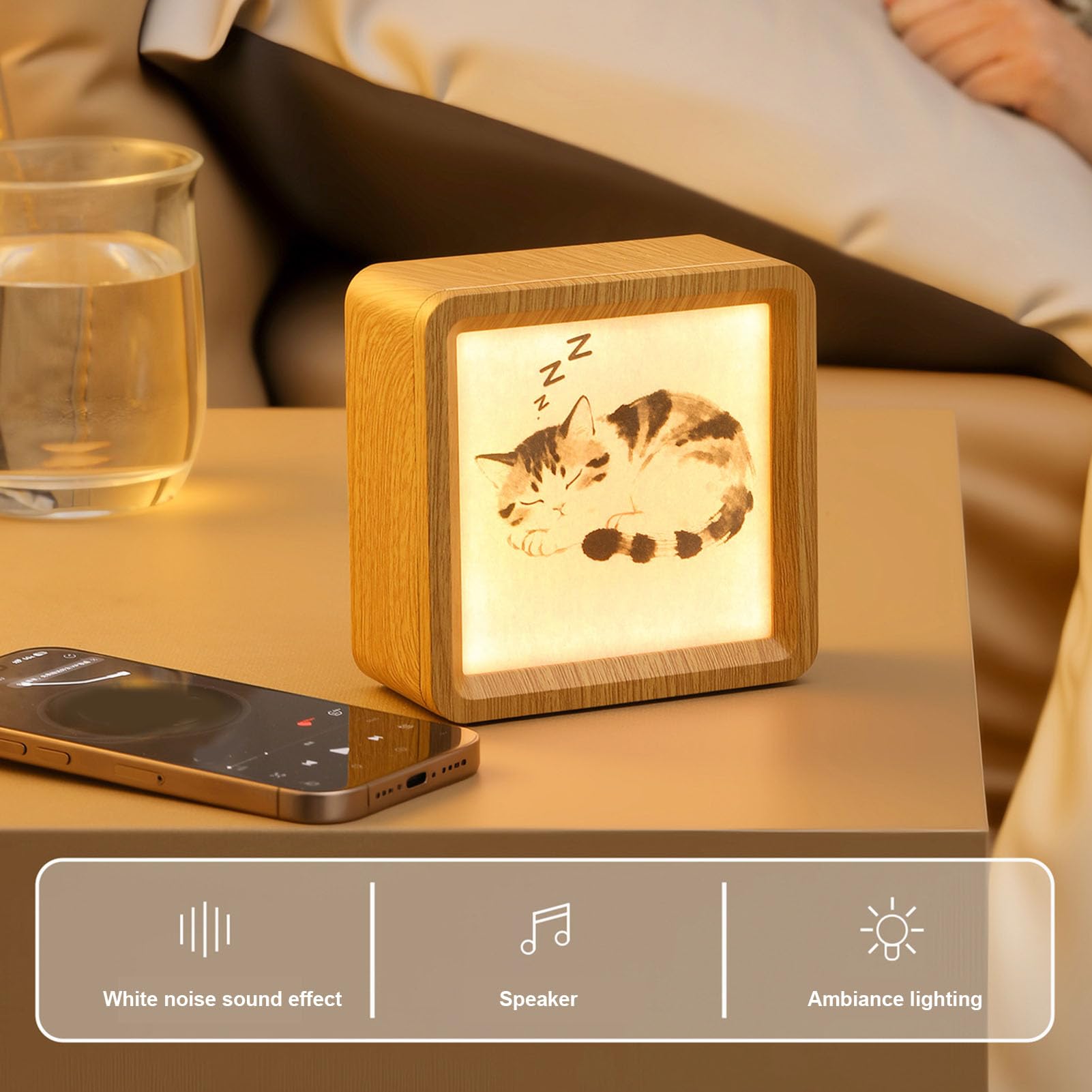 Luocute White Noise Machine, Lautsprecher mit Nachtlicht, für Baby-Erwachsene, Zuhause, Reisen, Büro, Desktop-Kunstdekoration (Holzmaserung +5 Lampenschirmpapiere)