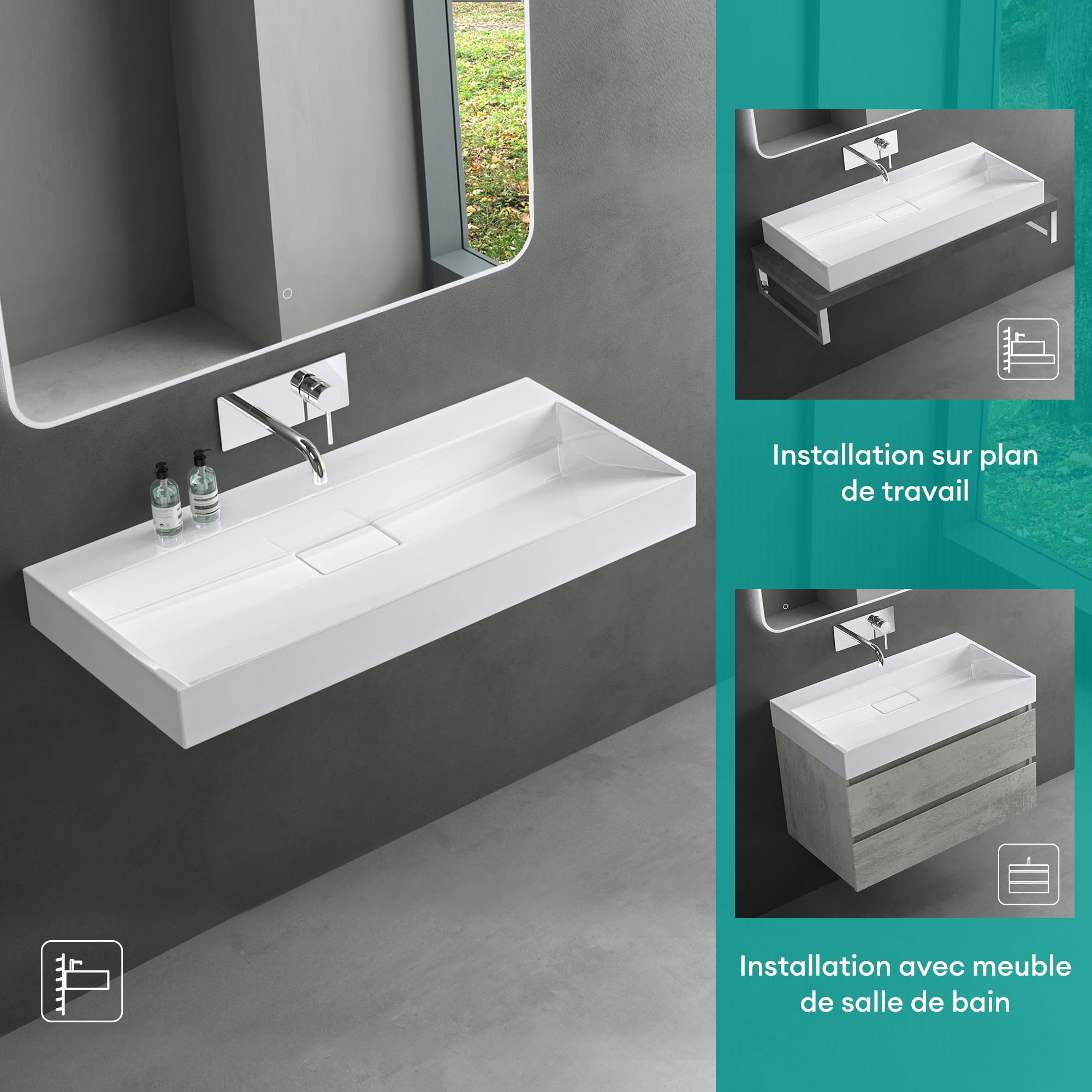 Mai & Mai Lavabo Salle de Bains Vasque Suspendu Blanc 80x46x11cm Vasque à Poser Rectangulaire sans Perçage Col19