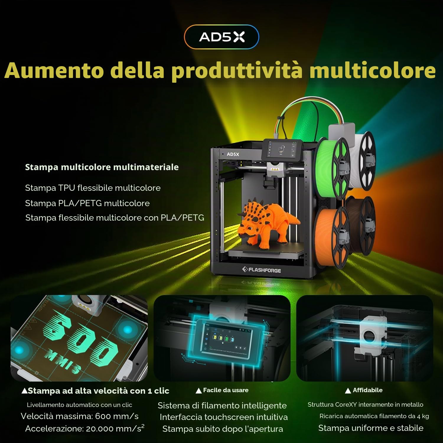 FLASHFORGE AD5X, stampante 3D multifilamento, stampa multicolore, velocità 600mm/s, stampa 1-clic con creazioni IFS, calibrazione automatica e backup del filamento, stampa 220 x 220 x220 mm