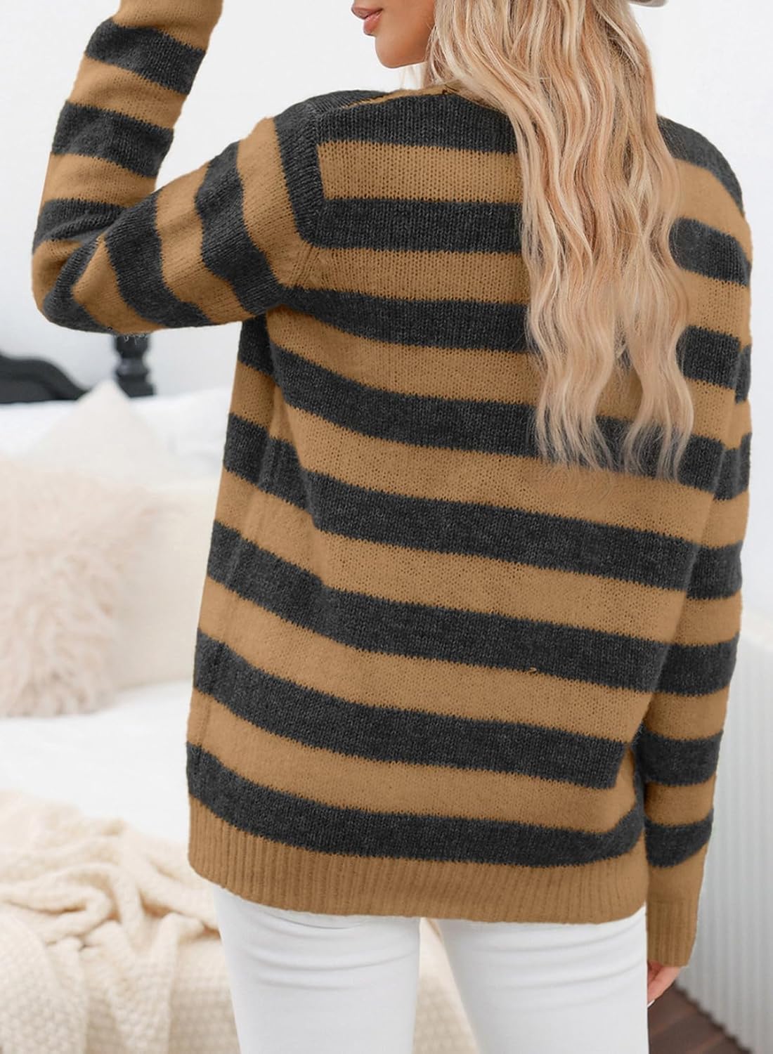 Dokotoo Sweaters for Women 2025 Crewneck Striped Cute Color Block Fall Winter Knitted Pullover Tops - Image 5