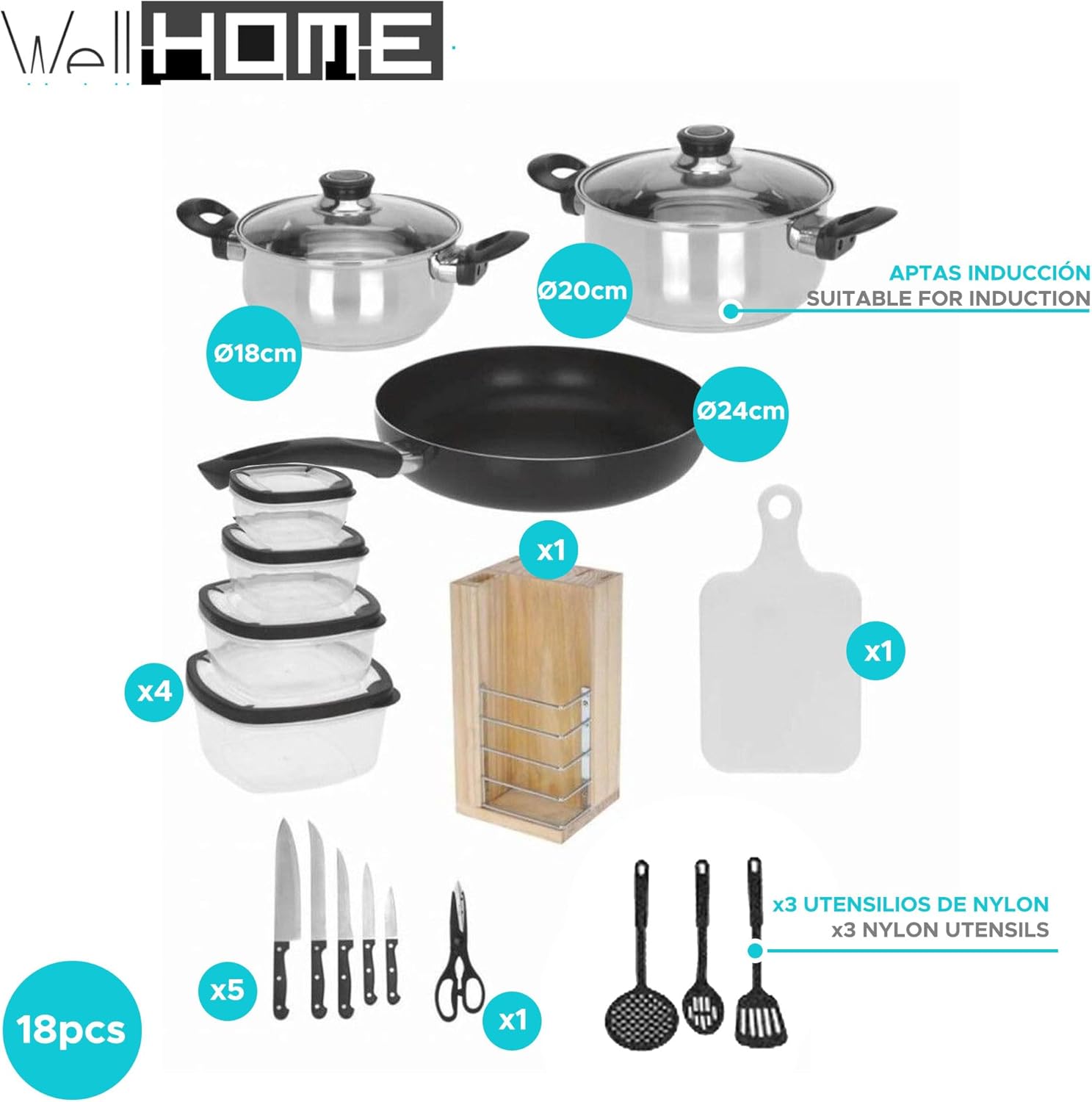 WELL HOME MOBILIARIO & DECORACIÓN 18 Piece Cookware Set (1 x Pan + 2 x Pots + 1 x Cutting Board + 1 x Scissors + 3 x Nylon Utensils + 4 x Tuppers + 1 x Wooden Block