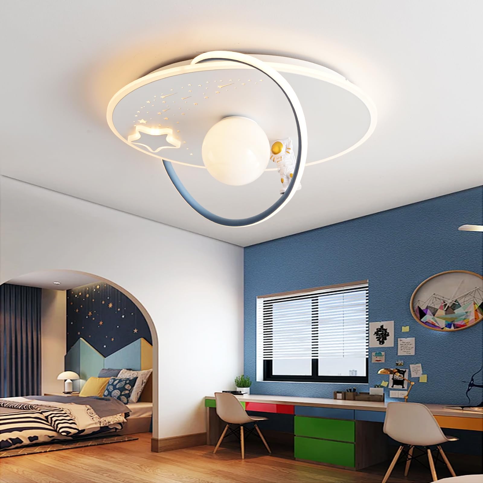 RRBEST LED Plafoniera Dimmerabile Bambini, Lampada da Soffitto con Telecomando, Lampada Soffitto Camera da Letto Astronauta, Cartoon da Creativa per Bambino Ragazzi, 3000-6000K, Ø50CM