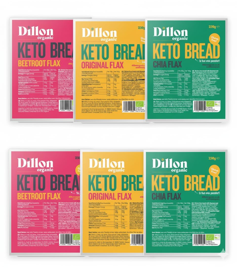 Dillon Organic Keto Bread Mixed Selection | Gluten Free | Original Flax, Chia Flax & Beetroot Flax | 2 of Each Flavour | 6 x 250g